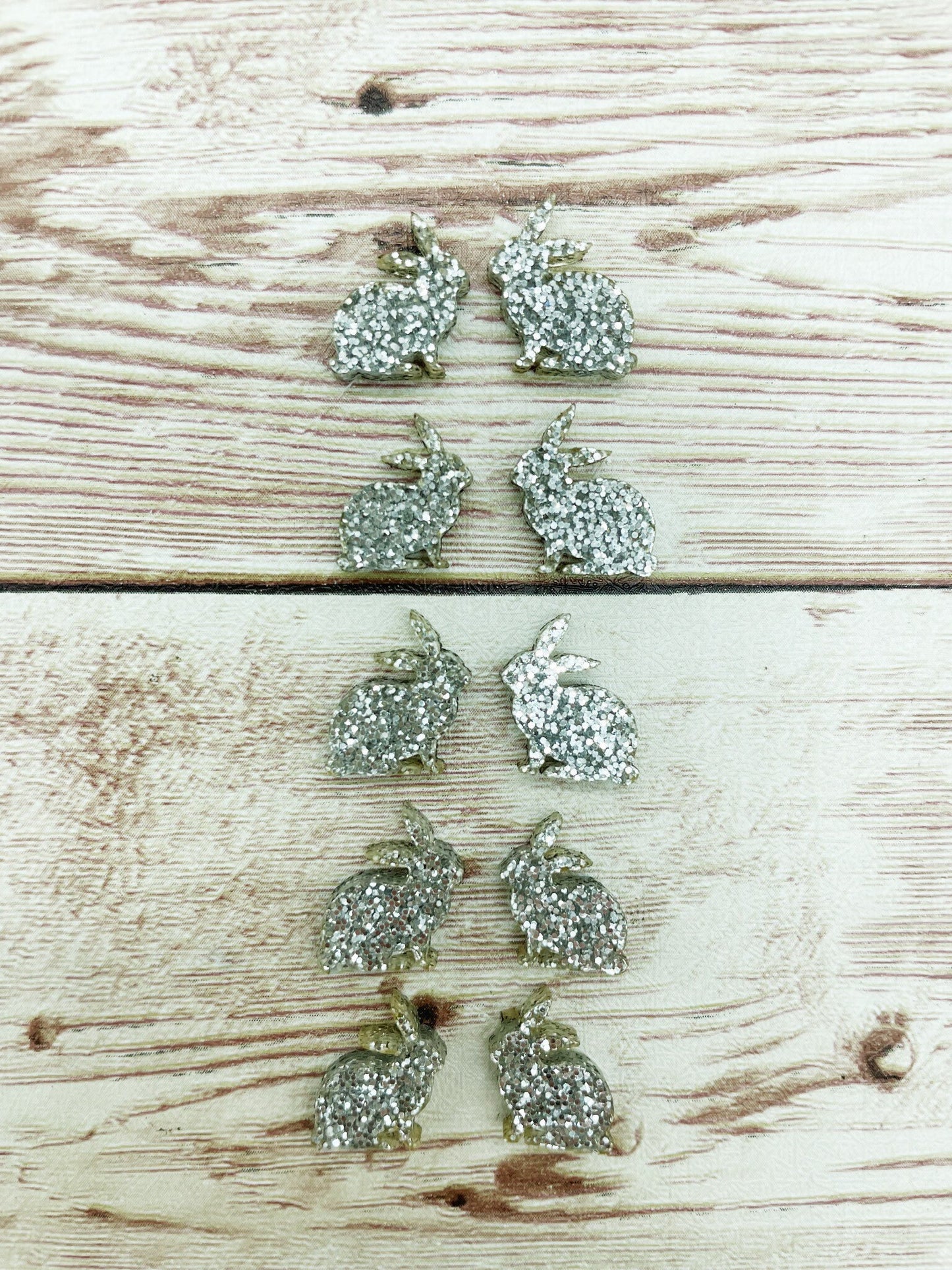 Silver Glitter Bunny Rabbit Easter Acrylic Stud Earring Blanks Set of 5 Pair DIY Jewelry Making