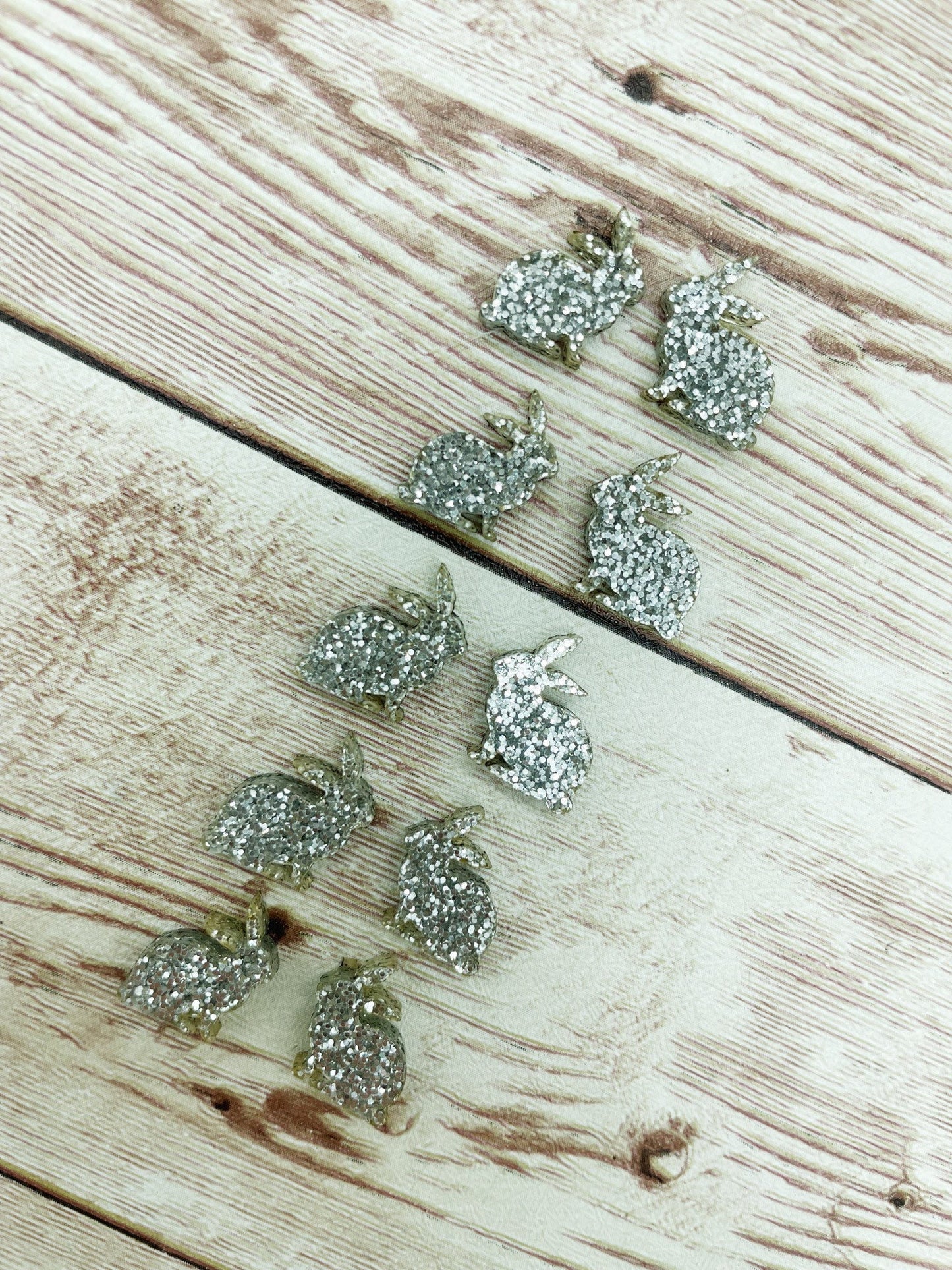 Silver Glitter Bunny Rabbit Easter Acrylic Stud Earring Blanks Set of 5 Pair DIY Jewelry Making
