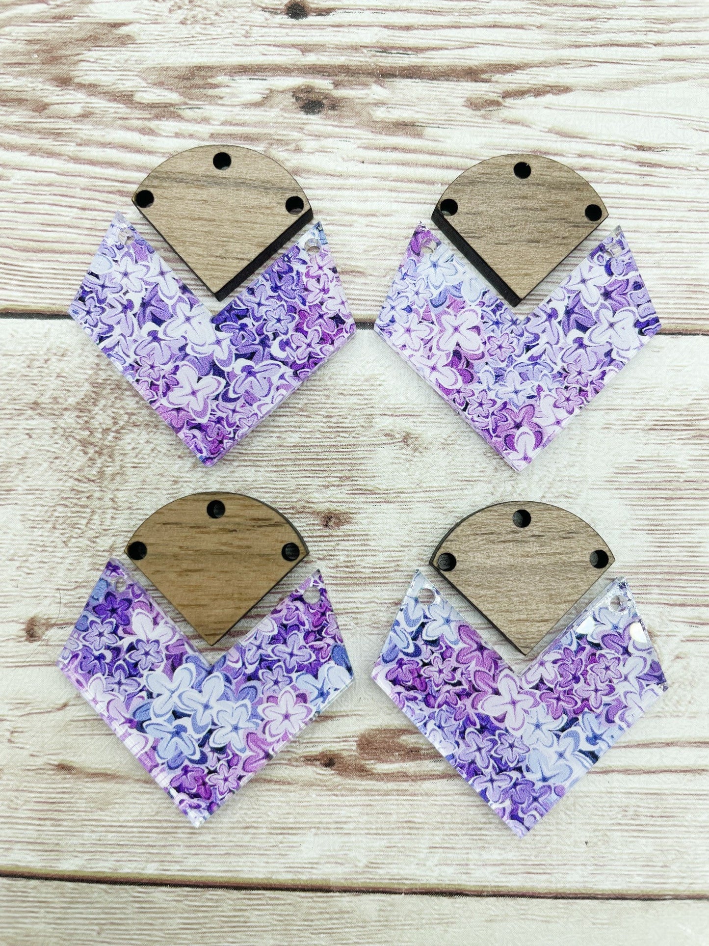 Patterned Lilac Floral Acrylic and Wood Connector Set Earring Blanks, DIY Jewelry Making