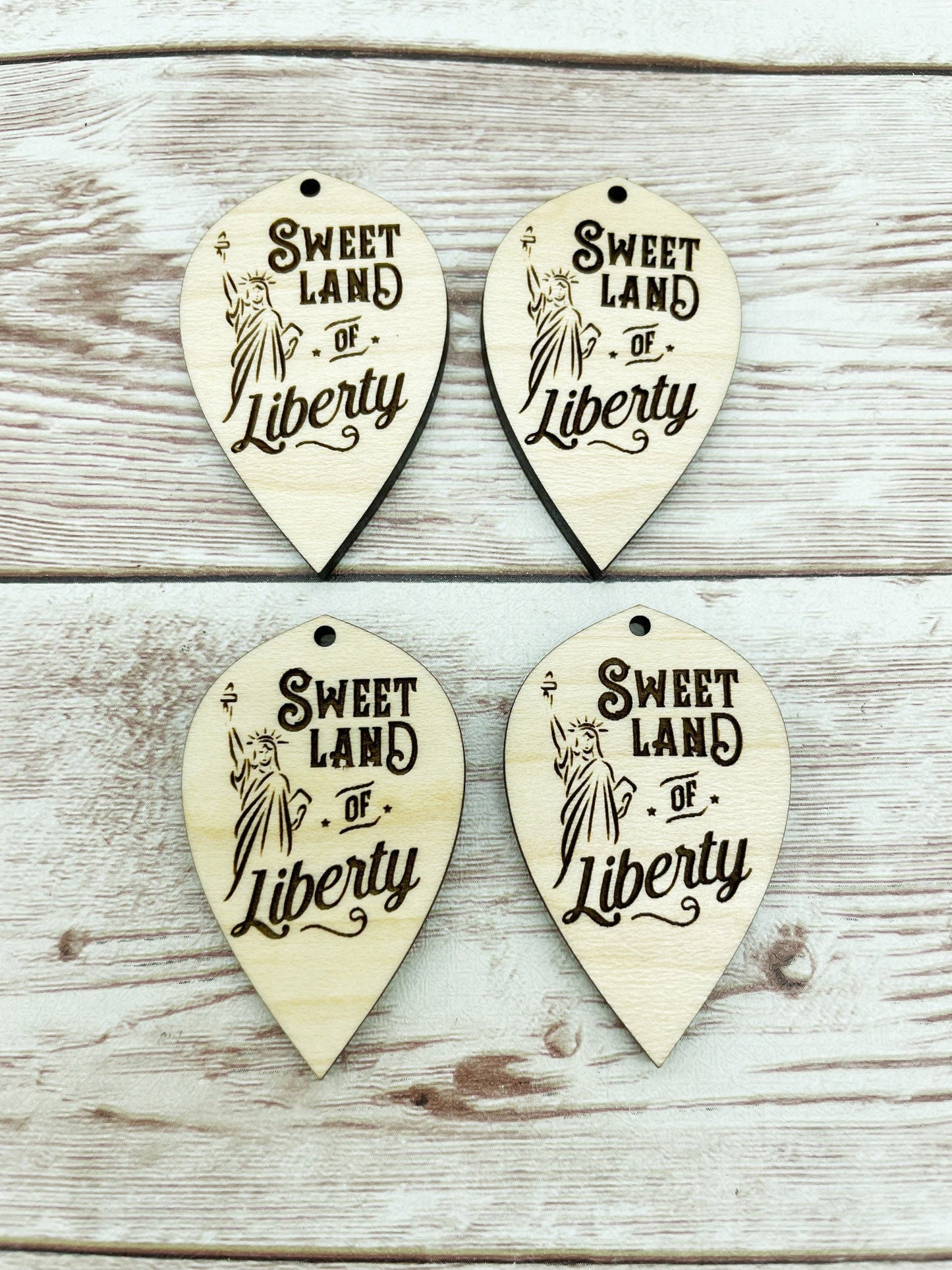 Wood Engraved Sweet Land of Liberty Earring Blanks, Finished Maple Blank, DIY Jewelry Making