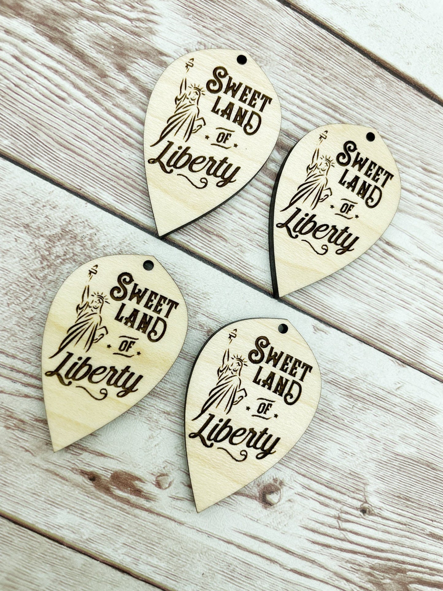 Wood Engraved Sweet Land of Liberty Earring Blanks, Finished Maple Blank, DIY Jewelry Making