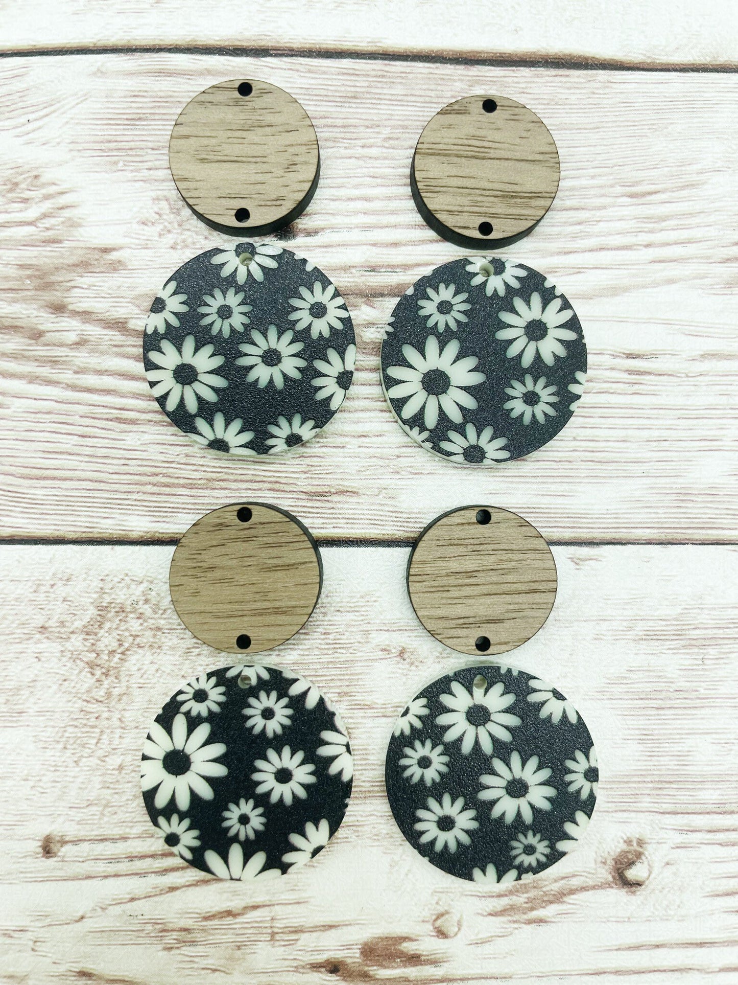 Patterned Ivory and Black Acrylic and Wood Circle Set Daisy Flower Print Earring Blanks, DIY Jewelry Making
