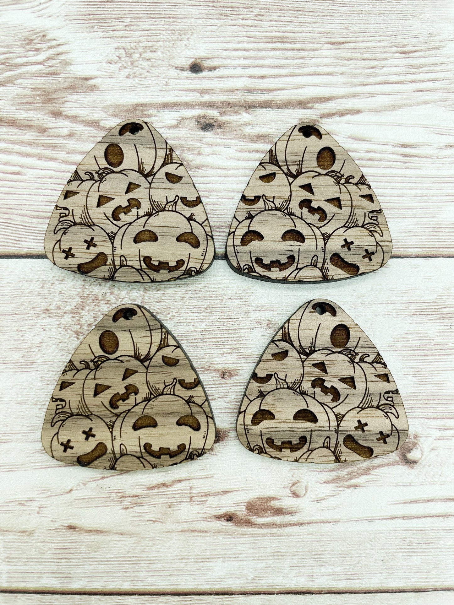 Wood Engraved Triangle Pumpkin Face Earring Blanks, Finished Walnut Blank, DIY Jewelry Making