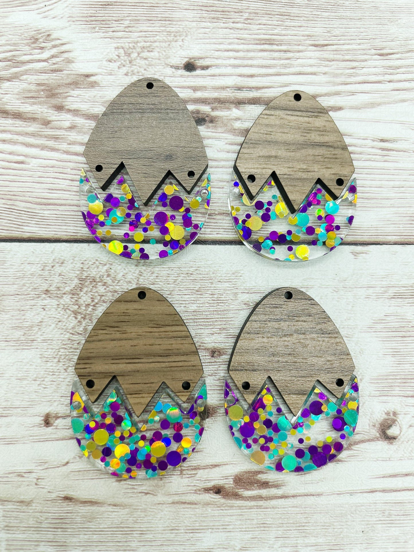 Purple Blue Yellow Glitter Acrylic and Wood Easter Egg Set Earring Blanks, DIY Jewelry Making