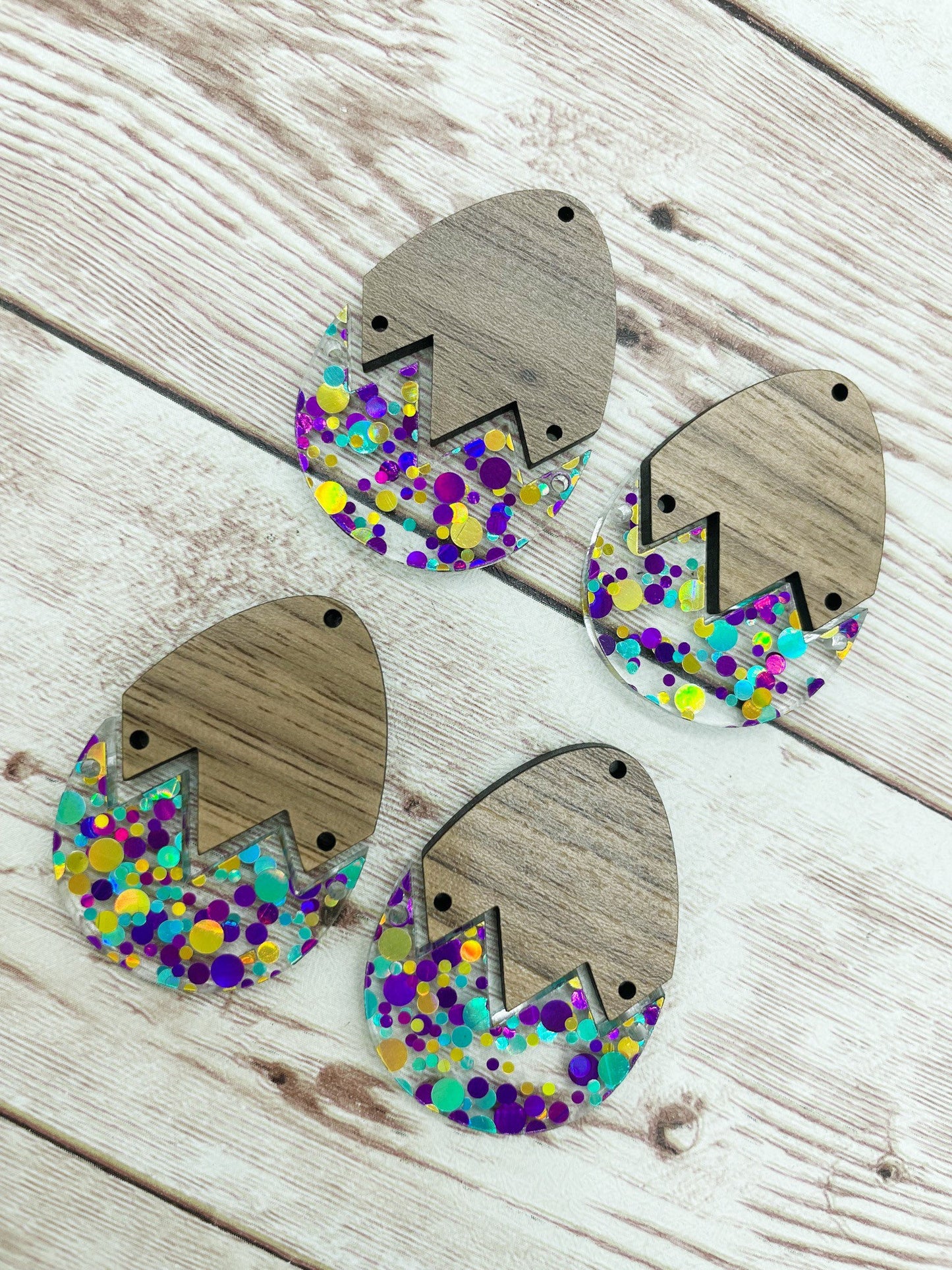 Purple Blue Yellow Glitter Acrylic and Wood Easter Egg Set Earring Blanks, DIY Jewelry Making
