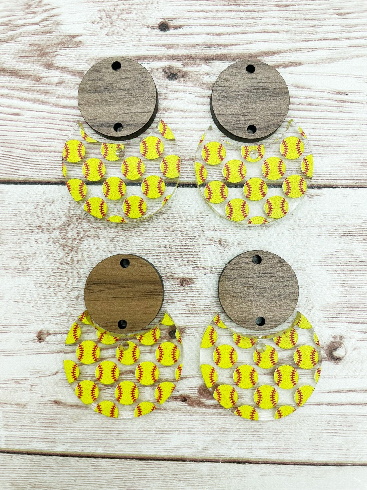 Patterned Softball Acrylic and Wood Circle Set Earring Blanks, DIY Jewelry Making