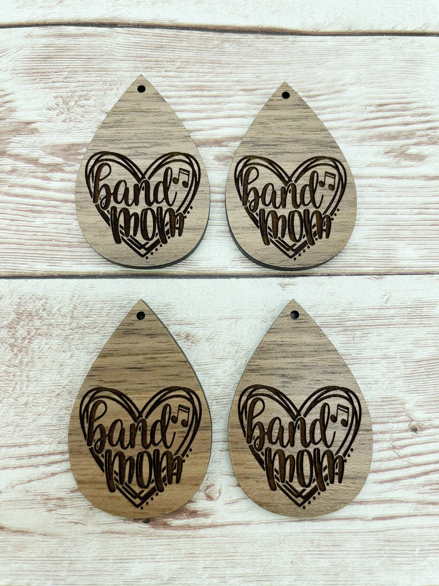 Wood Engraved Band Mom Heart Earring Blanks, Finished Walnut Blank, DIY Jewelry Making