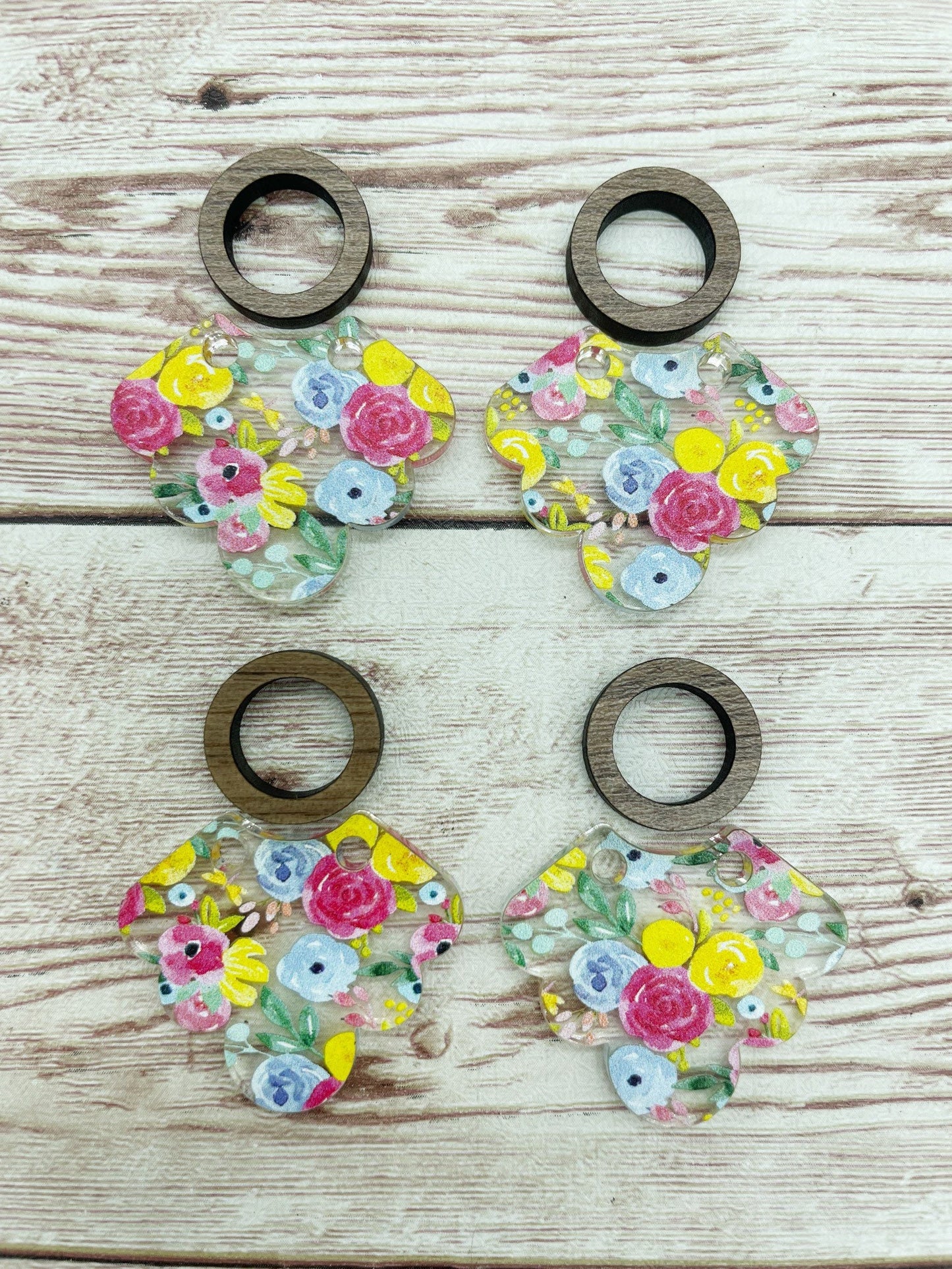 Patterned Spring Floral Scalloped Acrylic and Wood Circle Earring Blanks, DIY Jewelry Making