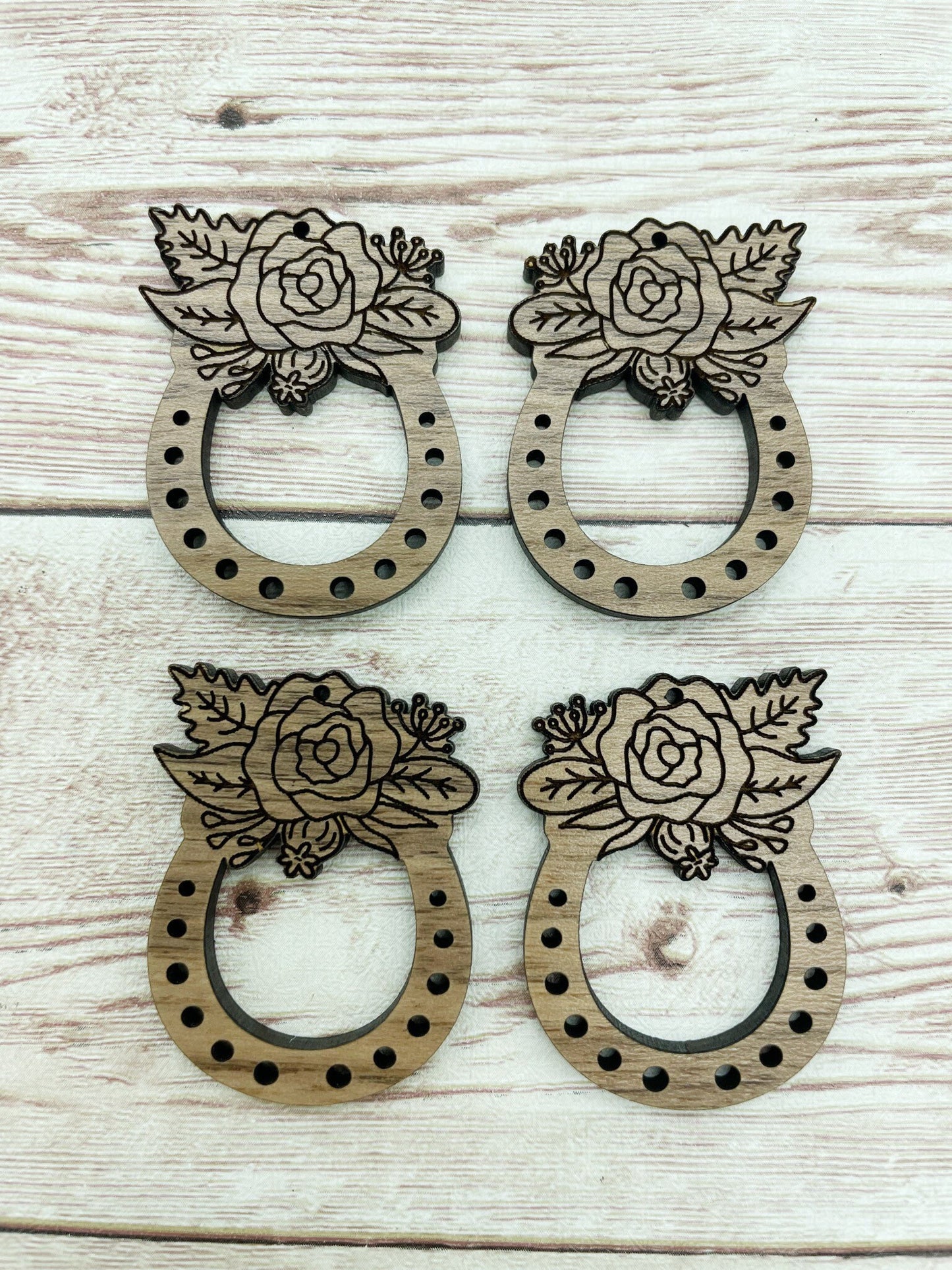 Wood Engraved Floral Horseshoe Earring Blanks, Finished Walnut Blank, DIY Jewelry Making