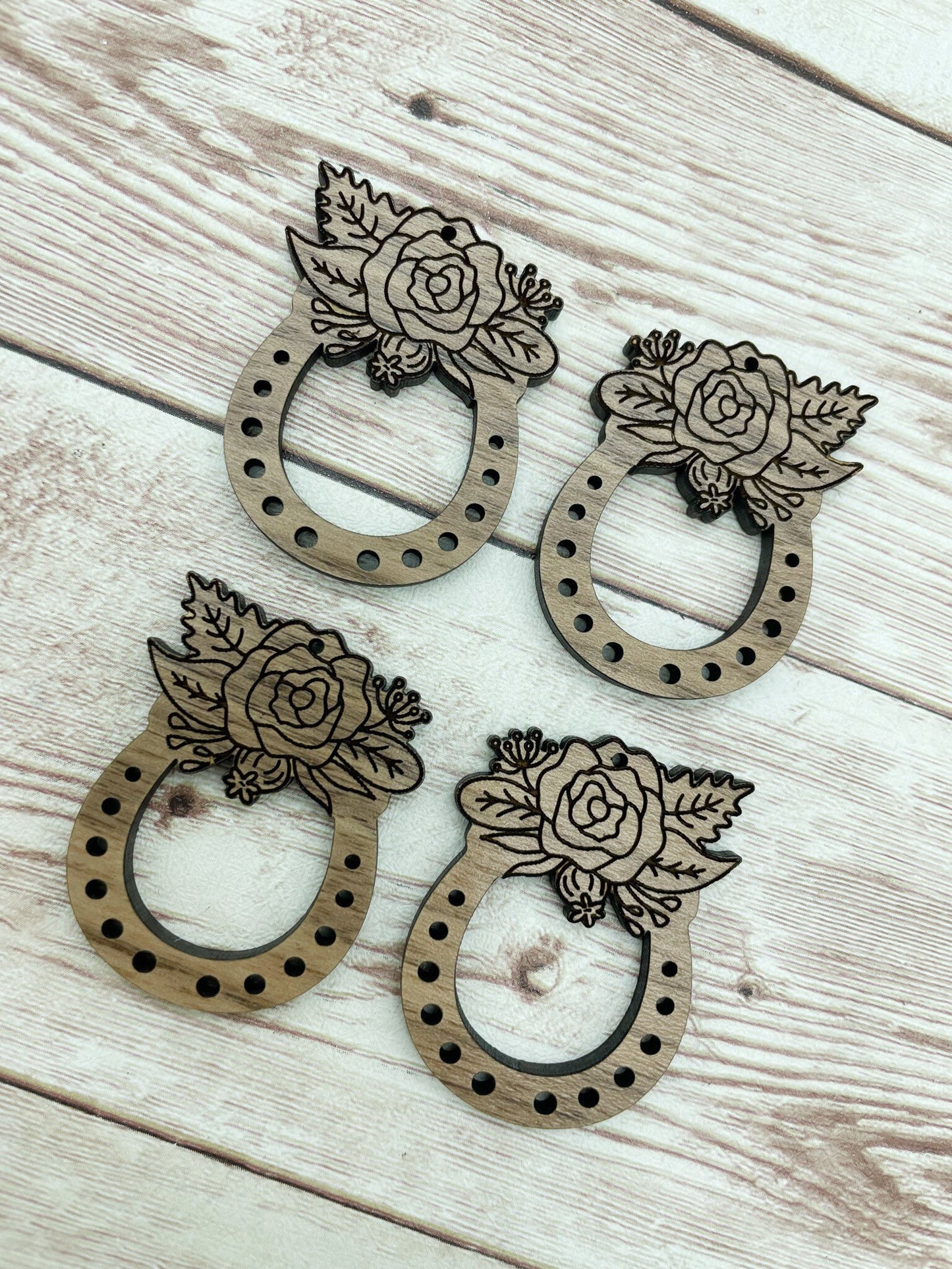 Wood Engraved Floral Horseshoe Earring Blanks, Finished Walnut Blank, DIY Jewelry Making