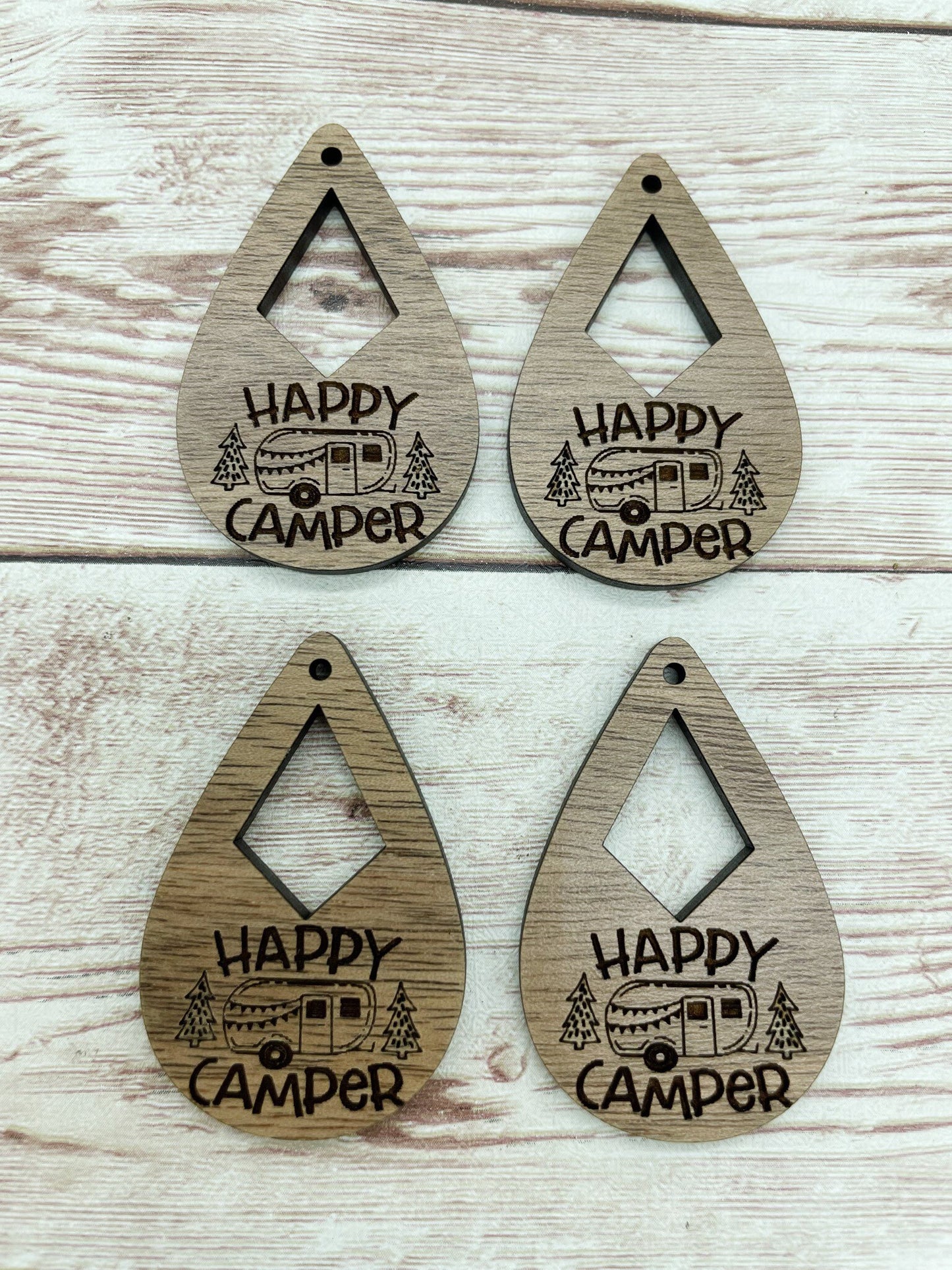 Wood Engraved Happy Camper Earring Blanks, Finished Walnut Blank, DIY Jewelry Making
