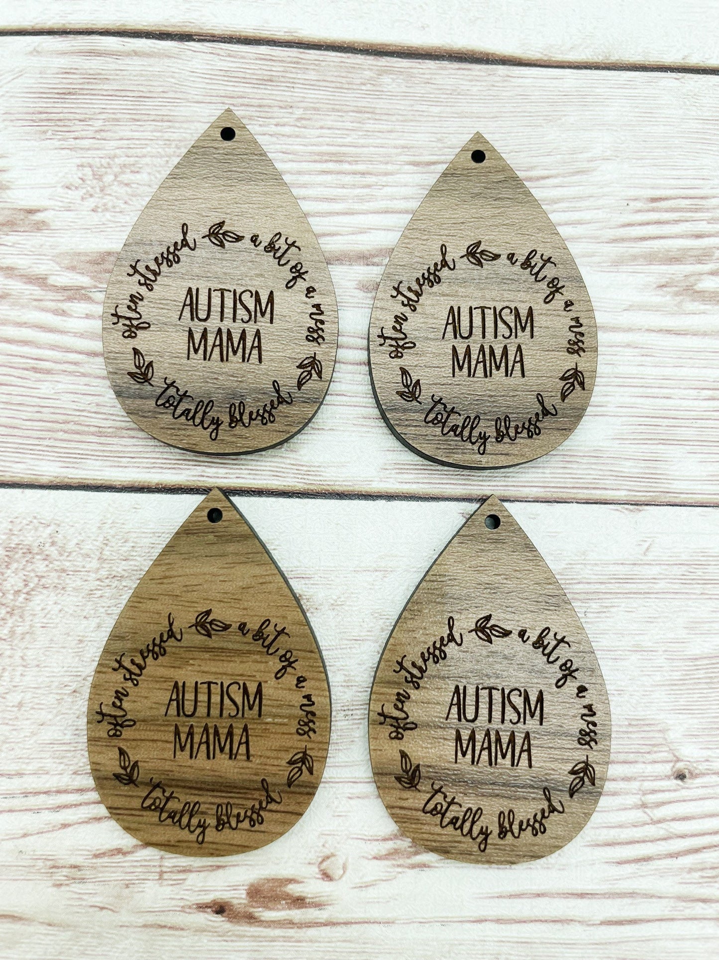 Wood Teardrop Engraved Autism Mama Earring Blanks, Finished Walnut Blank, DIY Jewelry Making
