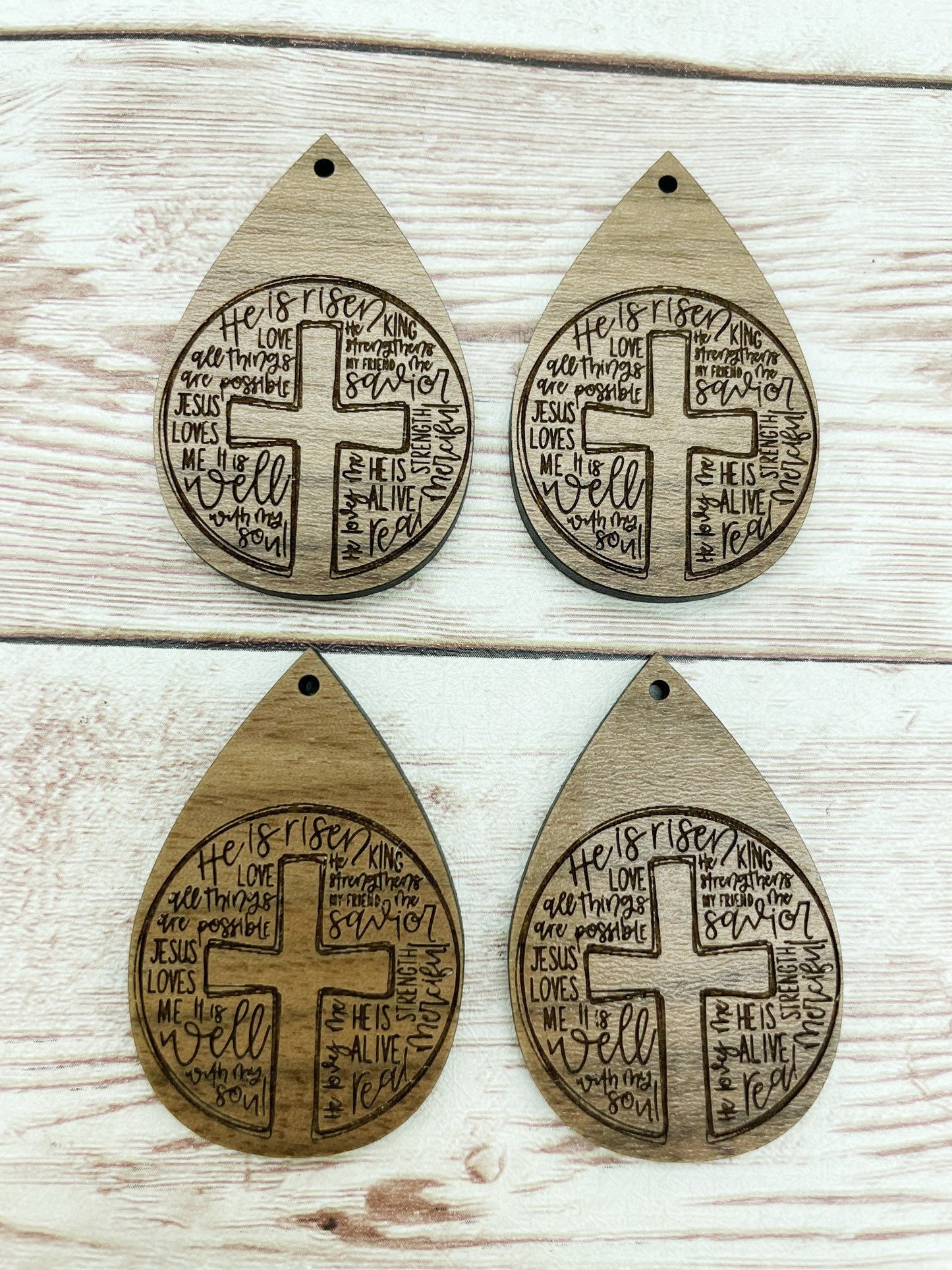 Wood Teardrop Engraved He is Risen Words Earring Blanks, Finished Walnut Blank, DIY Jewelry Making