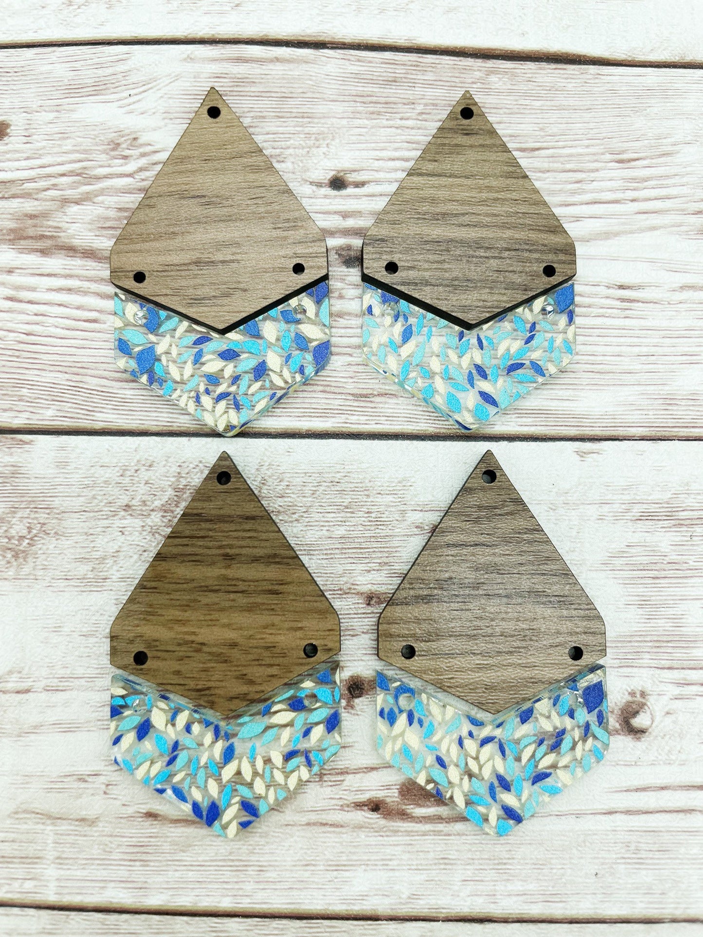 Patterned Blue Print Acrylic and Walnut Teardrop Set Earring Blanks, DIY Jewelry Making