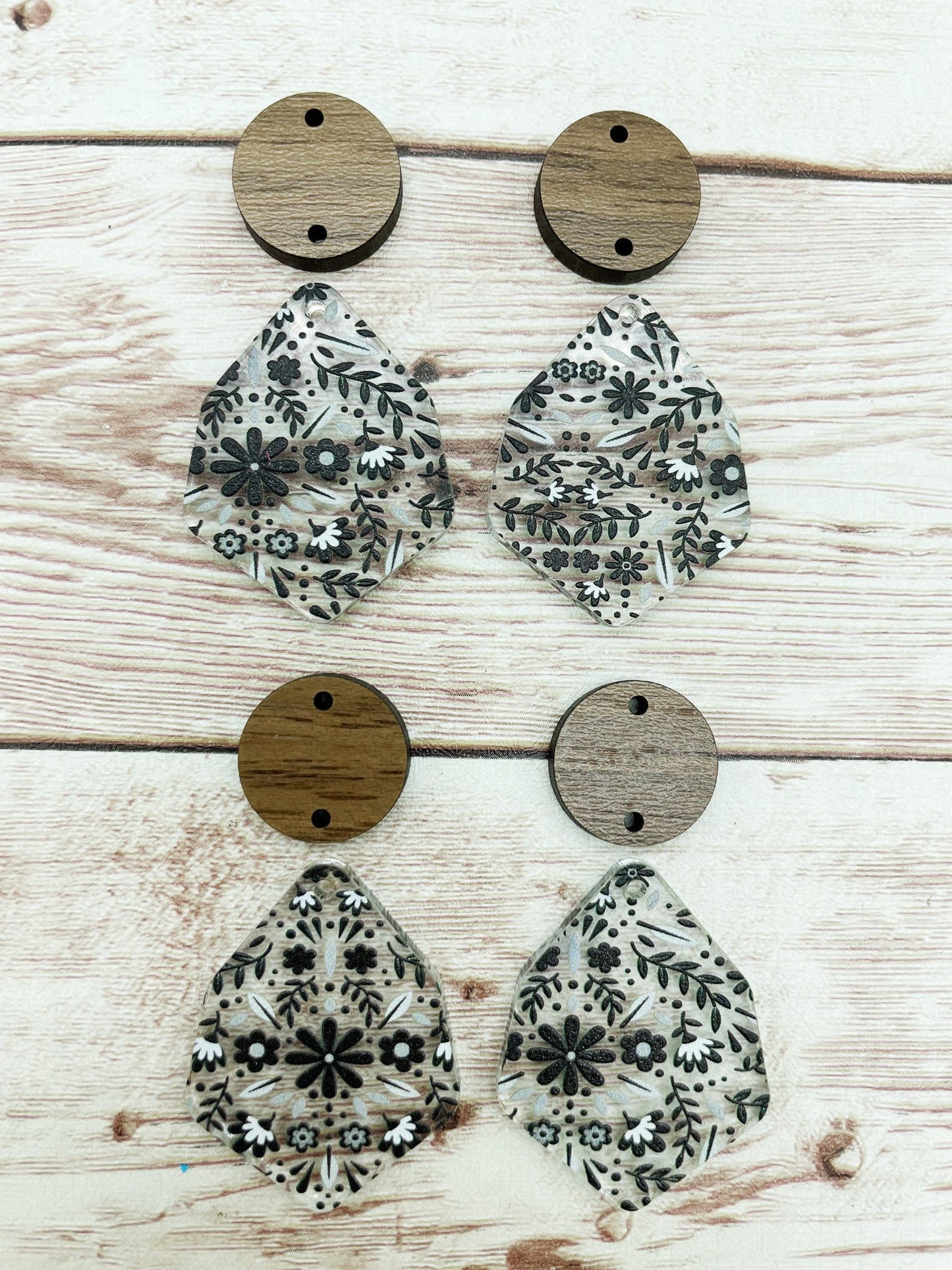 Patterned Grey Floral and Wood Circle Set Earring Blanks, DIY Jewelry Making