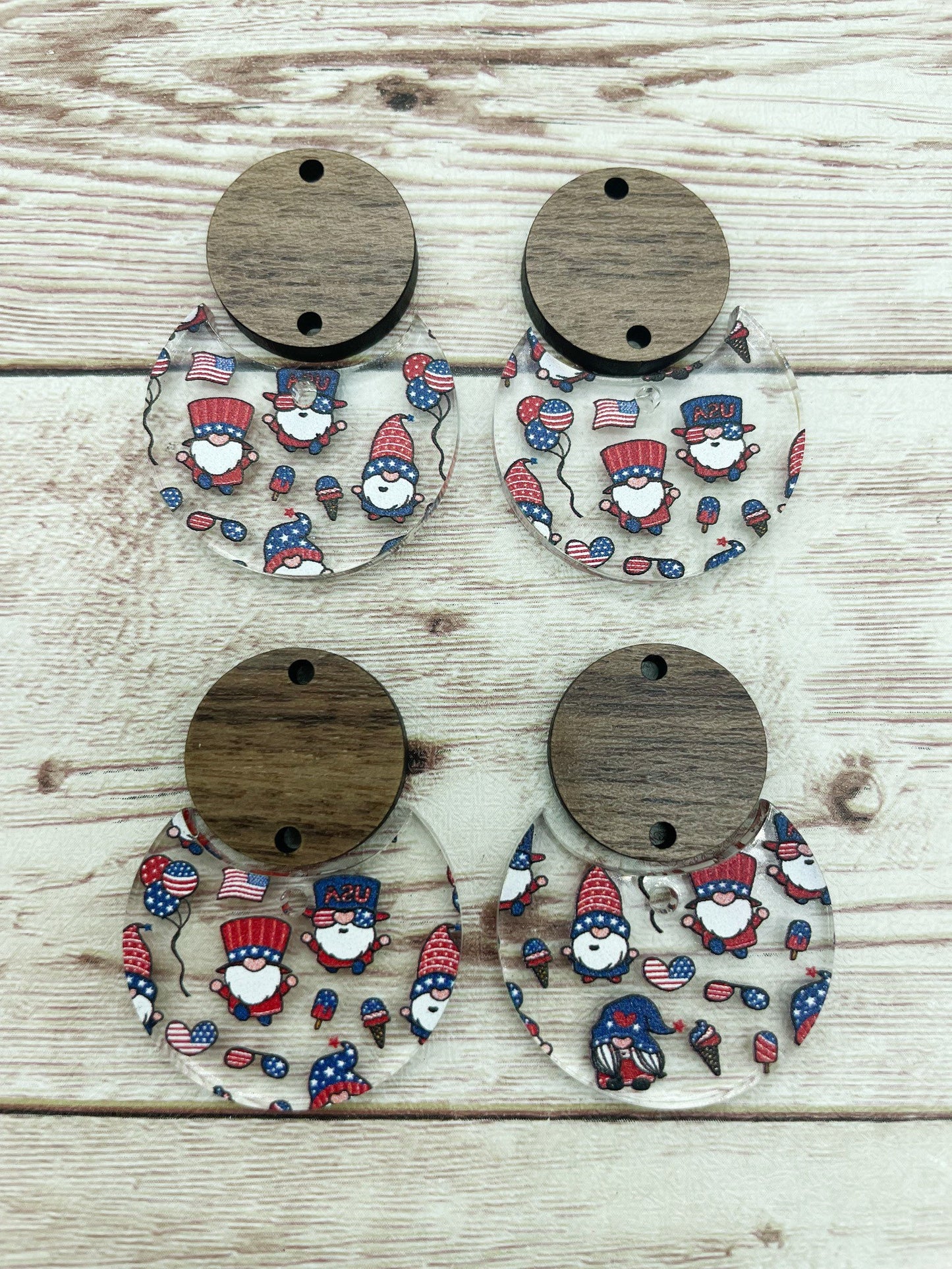 Patterned 4th of July Patriotic Gnome Acrylic and Wood Circle Set Earring Blanks, DIY Jewelry Making