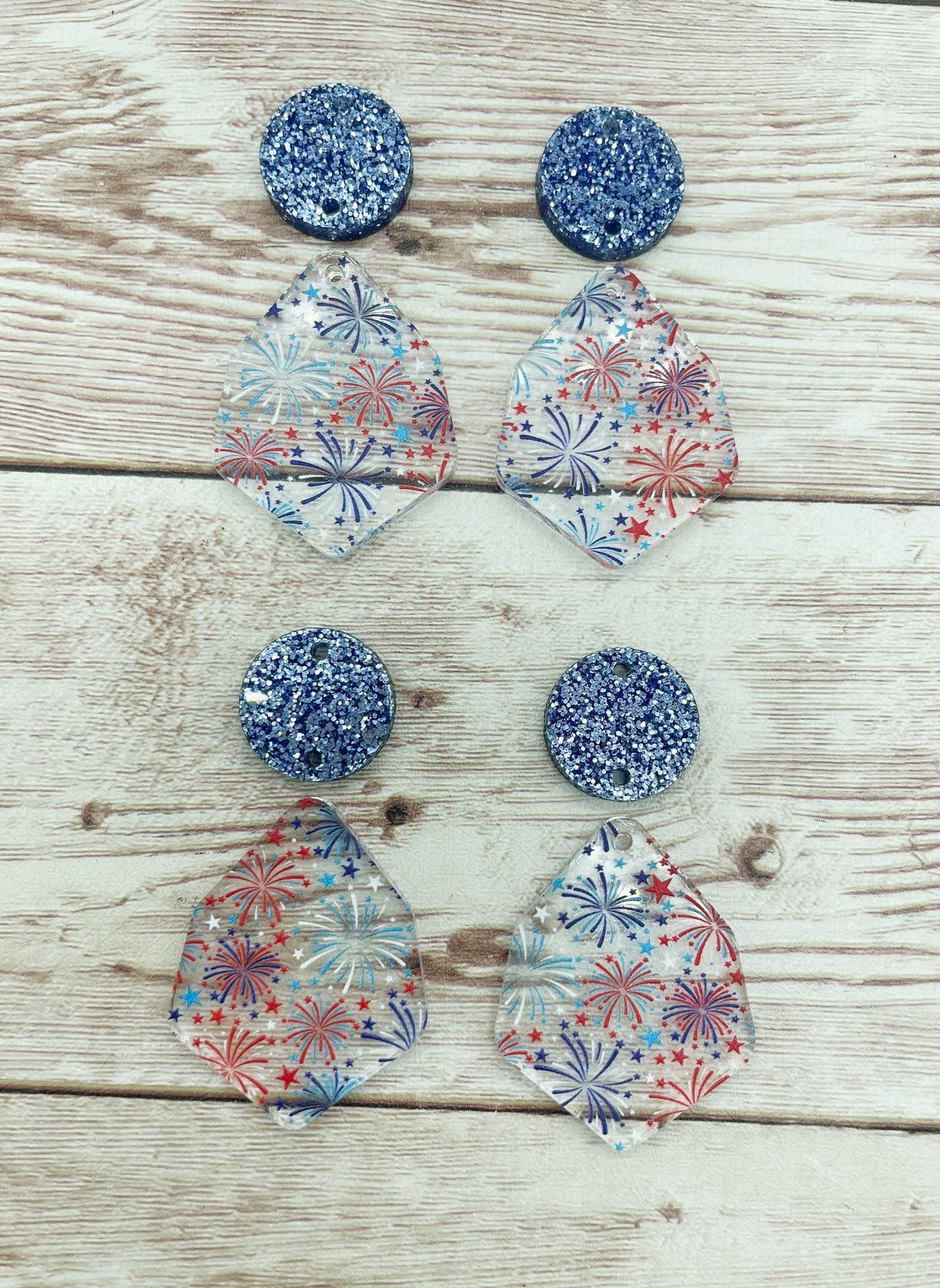 Patterned Fireworks 4th of July Acrylic and Blue Glitter Circle Set Earring Blanks, DIY Jewelry Making