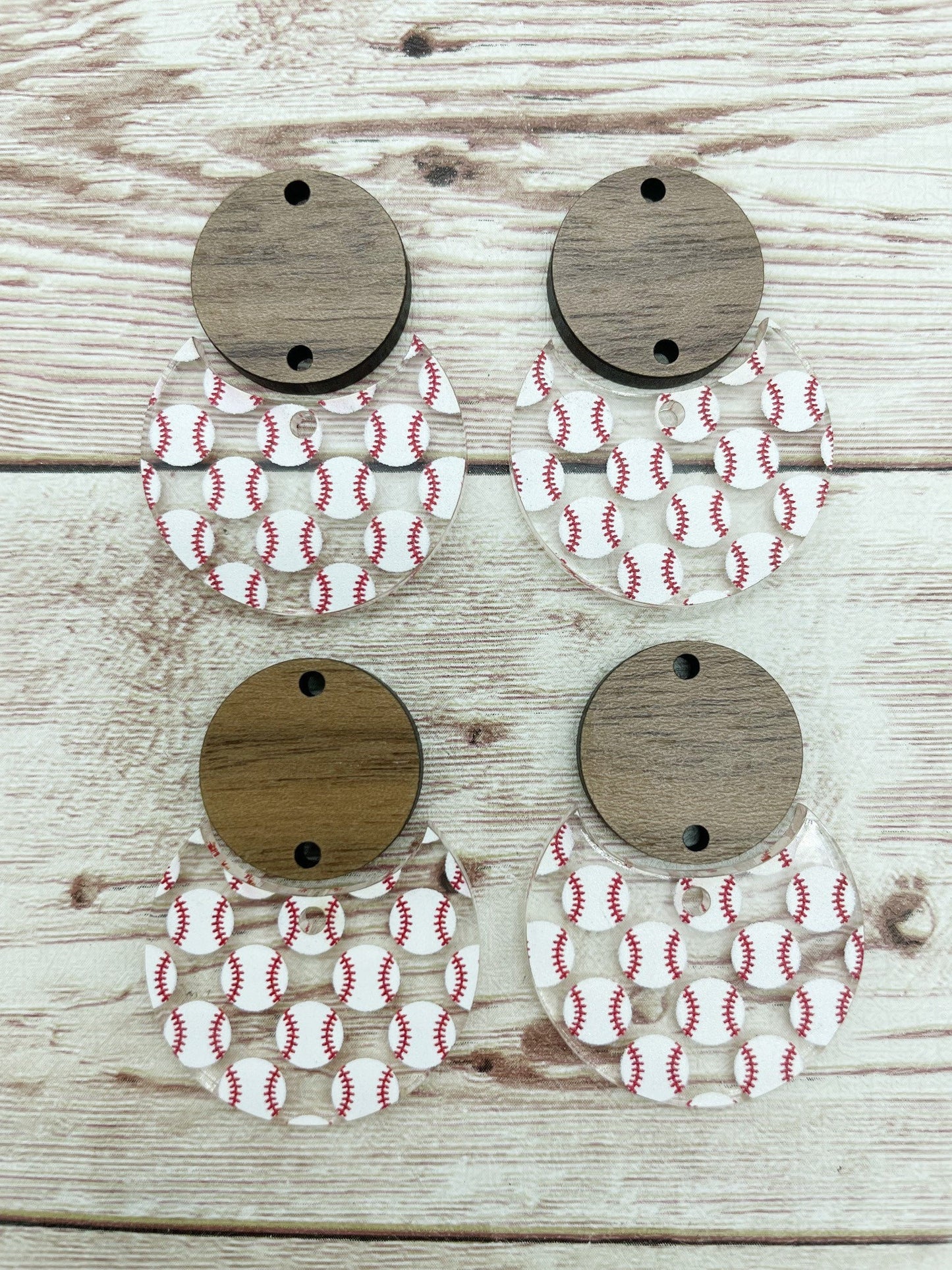 Patterned Baseball Acrylic and Wood Circle Set Earring Blanks, DIY Jewelry Making