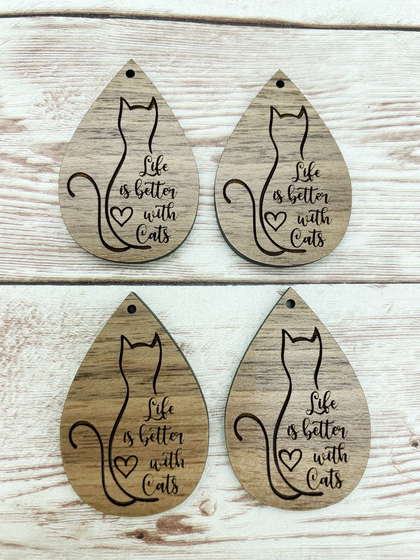 Wood Engraved Life is Better With Cats Earring Blanks, Finished Walnut Blank, DIY Jewelry Making