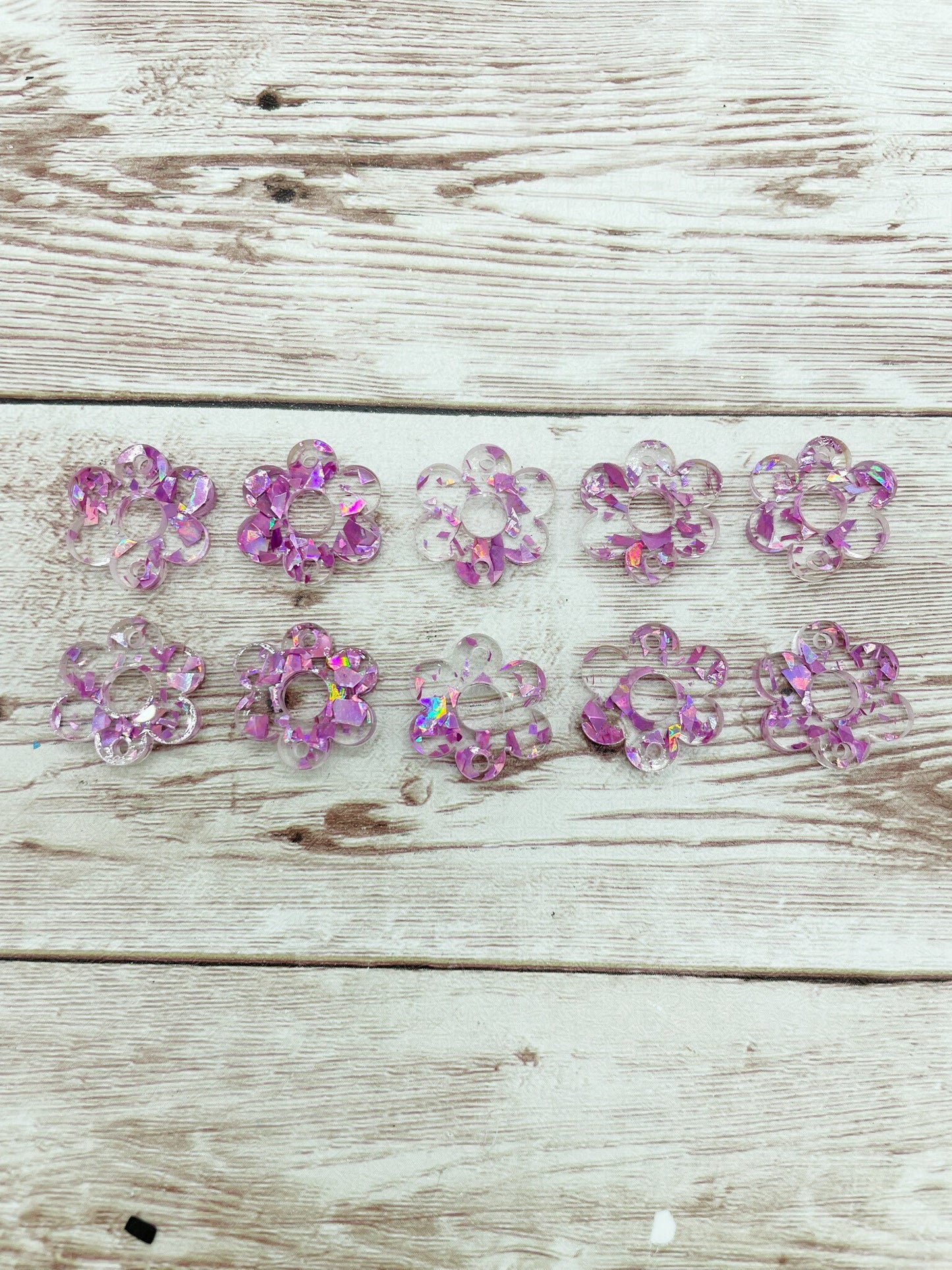 Pink Glitter Flake Acrylic Flower Earring Connectors Set of 5 Pair, DIY Jewelry Making
