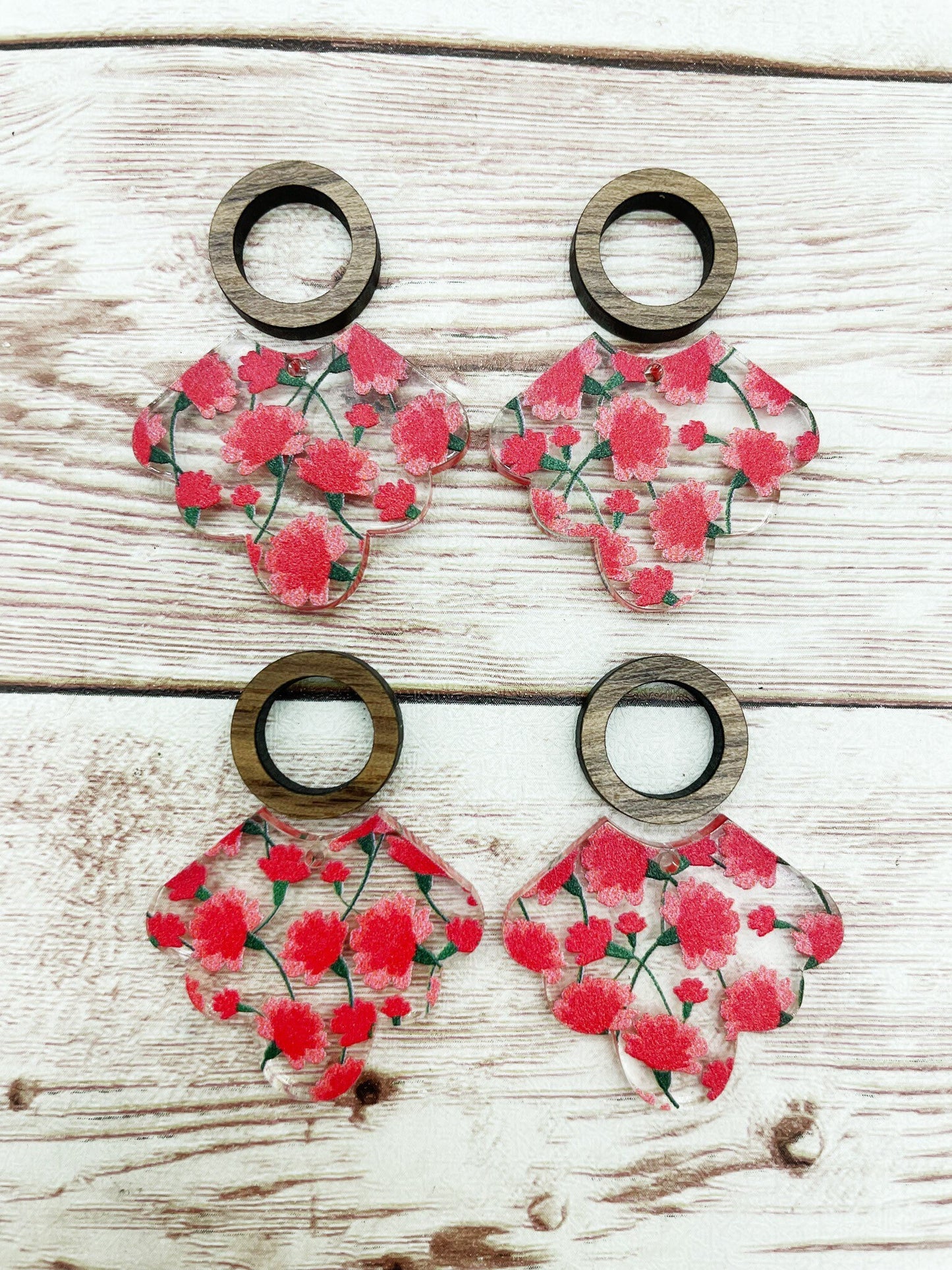 Patterned Pink Carnation Floral Scalloped Acrylic and Wood Circle Earring Blanks, DIY Jewelry Making