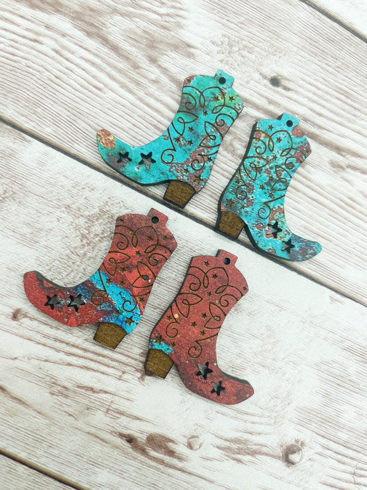 Patterned Wood Engraved Cowboy Boots Earring Blanks, DIY Jewelry Making