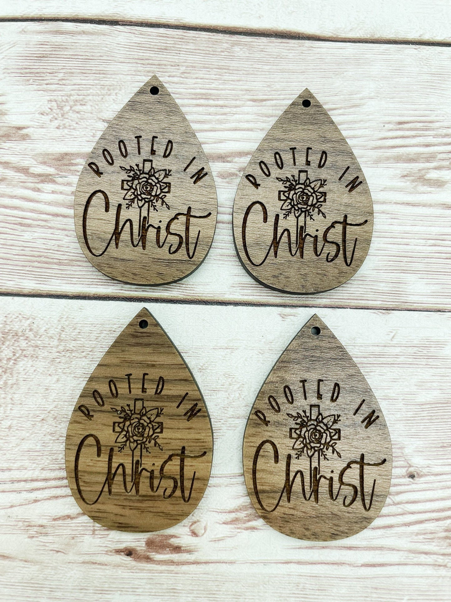 Wood Teardrop Engraved Rooted in Christ Earring Blanks, Finished Walnut Blank, DIY Jewelry Making