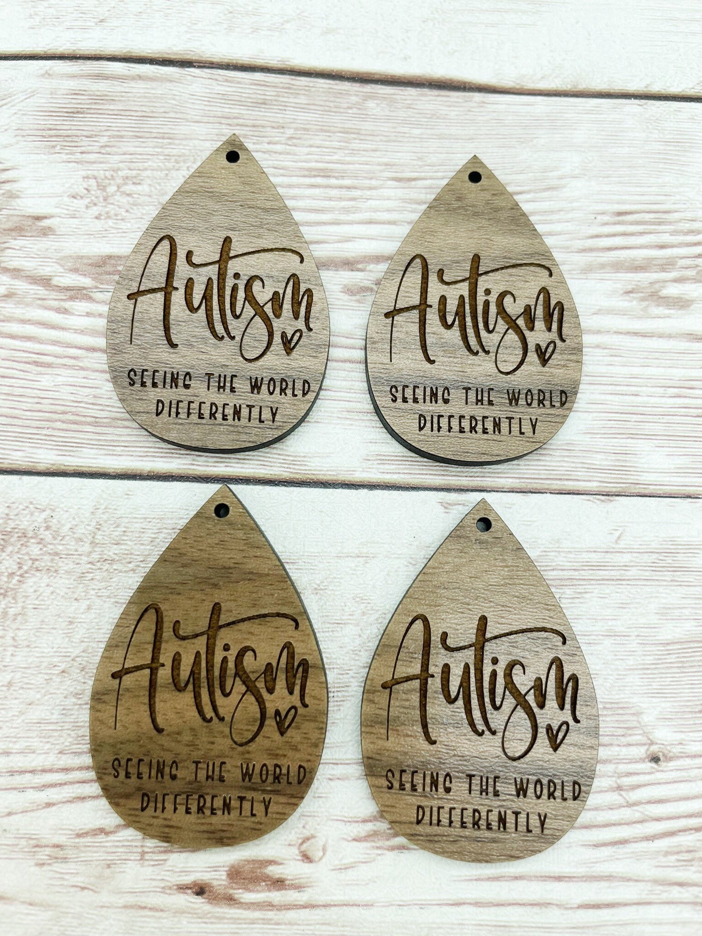 Wood Teardrop Engraved Autism Seeing the World Differently Earring Blanks, Finished Walnut Blank, DIY Jewelry Making