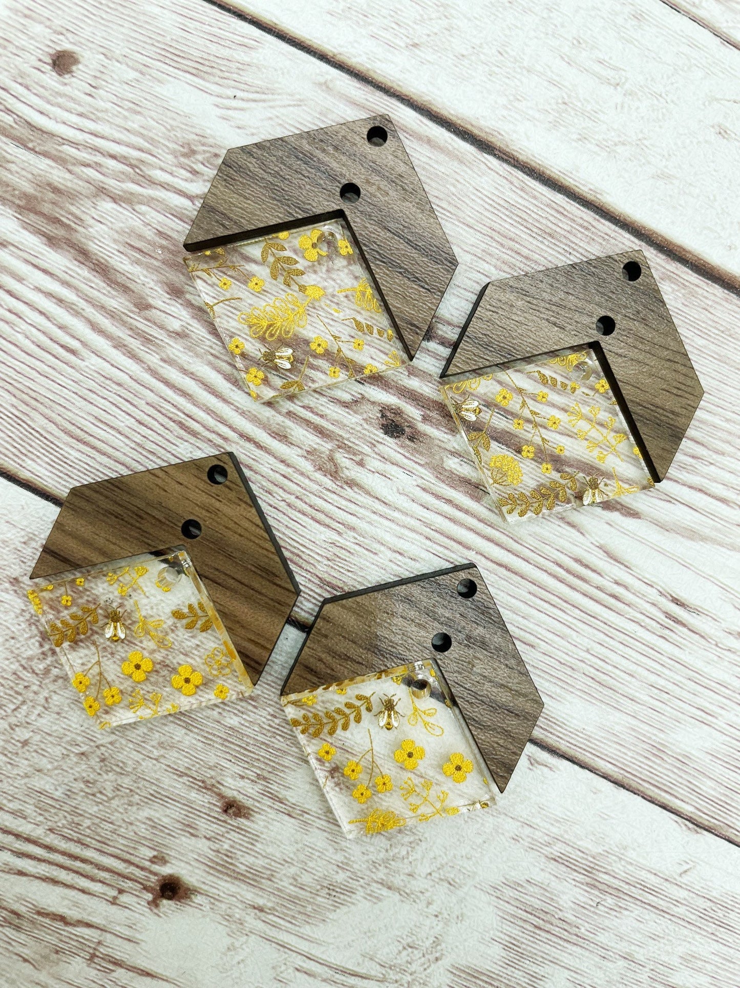 Yellow Bees and Flowers Acrylic and Wood Arrow Diamond Set Earring Blanks, DIY Jewelry Making