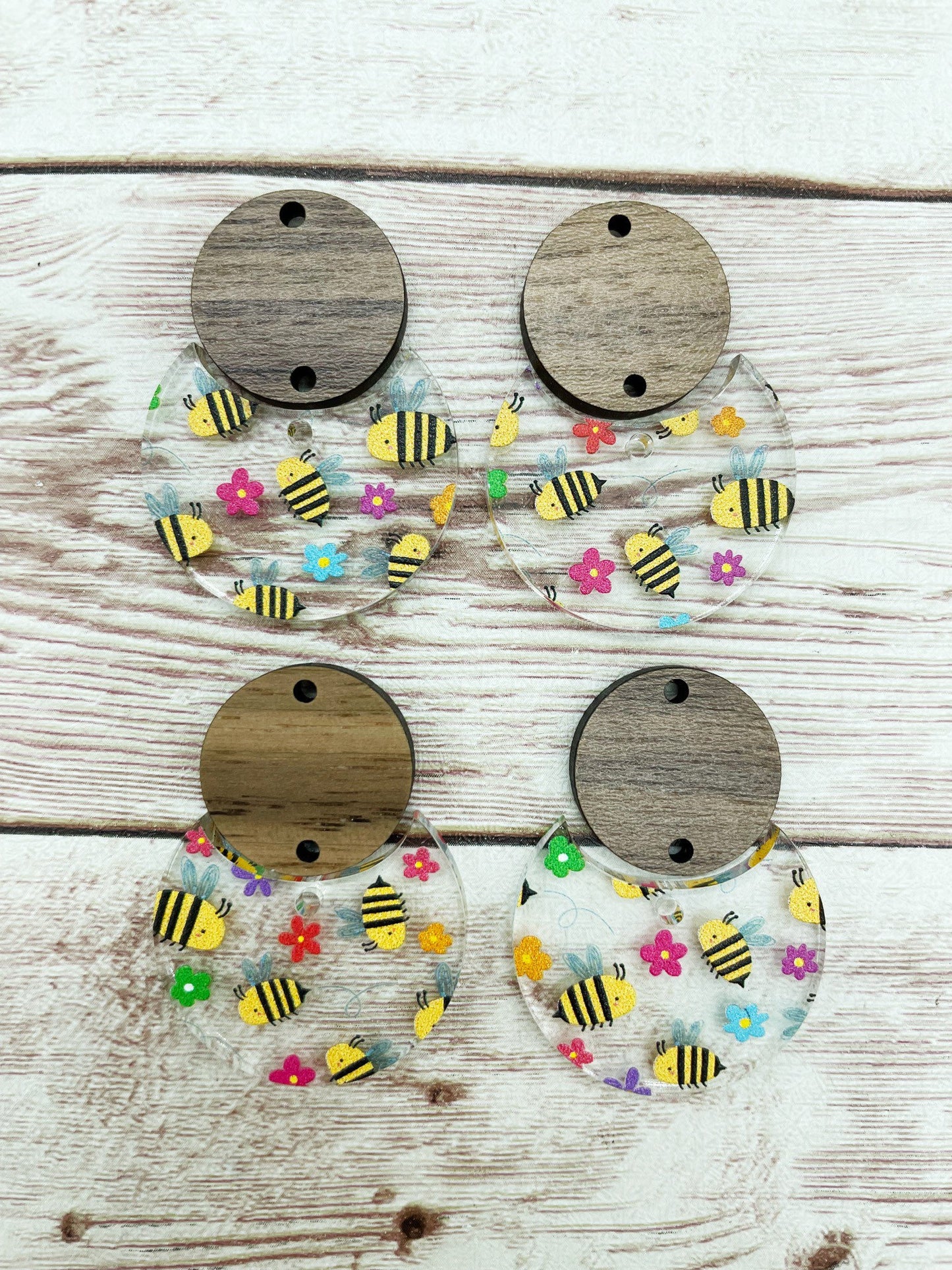 Patterned Bee and Flower Print Acrylic and Wood Circle Set Earring Blanks, DIY Jewelry Making