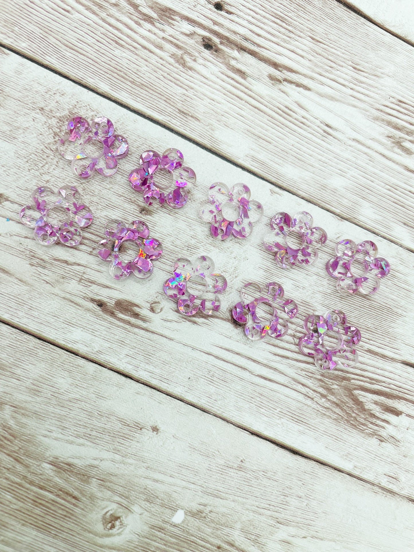 Pink Glitter Flake Acrylic Flower Earring Connectors Set of 5 Pair, DIY Jewelry Making