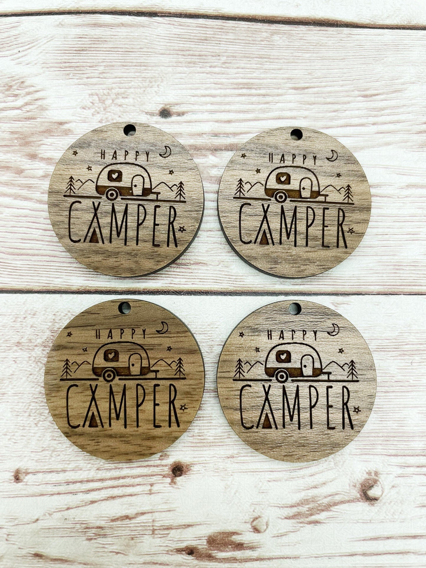 Wood Circle Engraved Happy Camper Earring Blanks, Finished Walnut Blank, DIY Jewelry Making