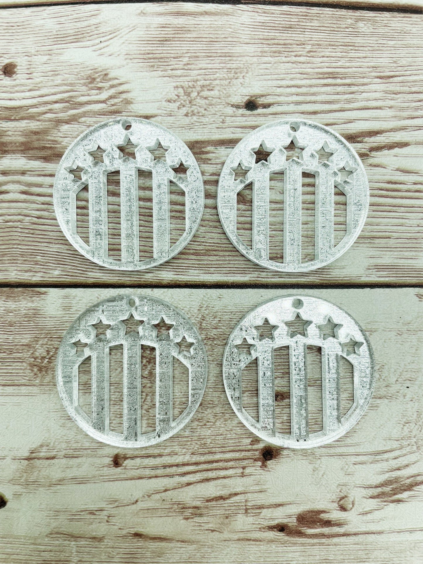 Silver Linen Round Stars and Stripes Acrylic Earring Blanks, DIY Jewelry Making