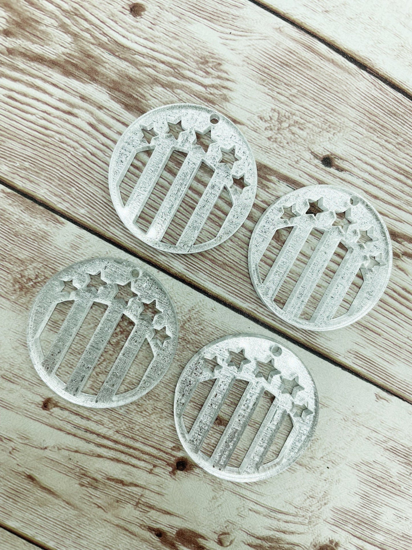 Silver Linen Round Stars and Stripes Acrylic Earring Blanks, DIY Jewelry Making