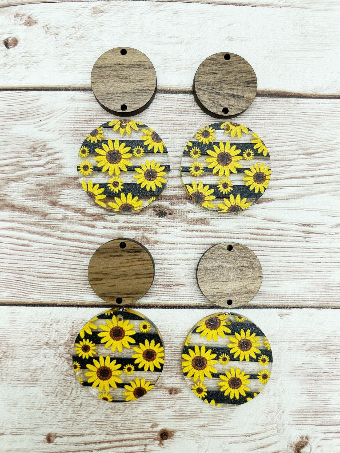 Patterned Black Stripe Sunflower Acrylic and Wood Circle Set Earring Blanks, DIY Jewelry Making