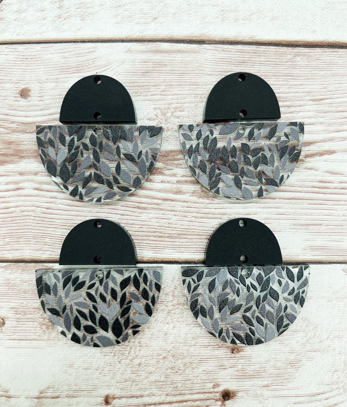 Grey Print Half Circle Acrylic and Black Acrylic Connector Set Earring Blanks, DIY Jewelry Making
