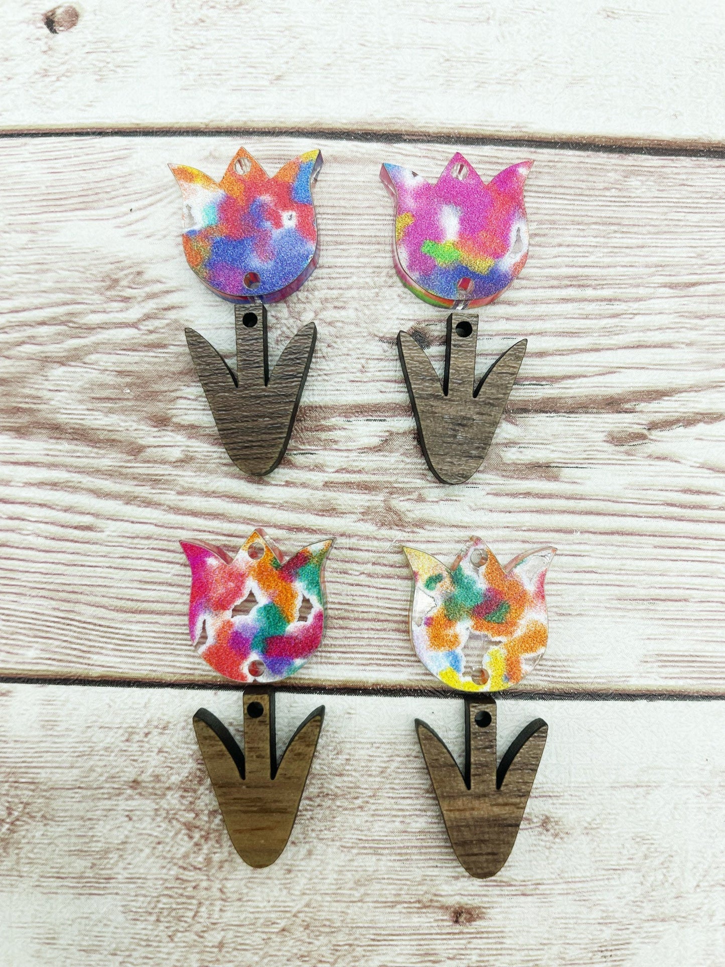 Colorful Acrylic and Wood Tulip Flower Set Earring Blanks, DIY Jewelry Making