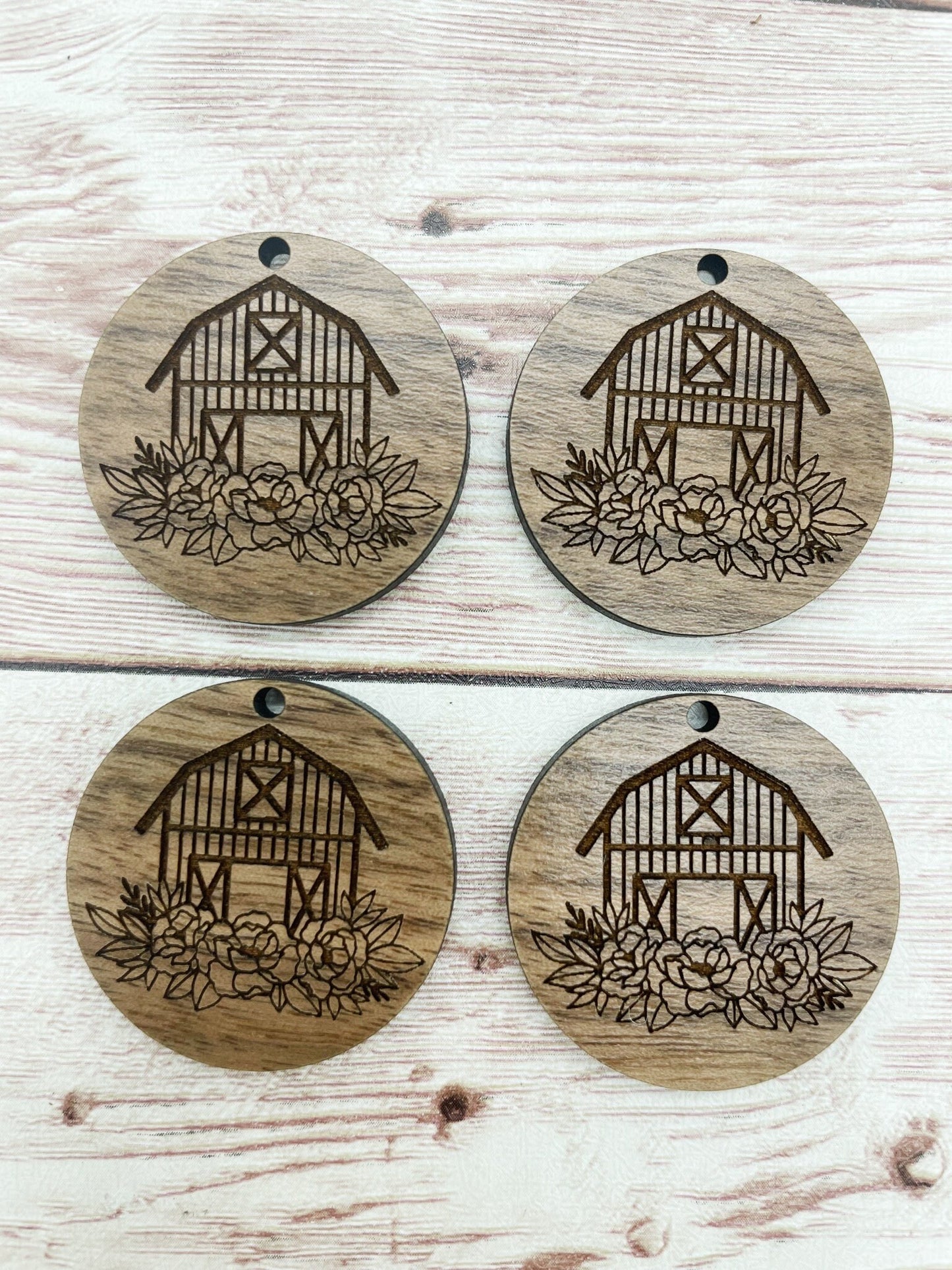 Wood Circle Engraved Floral Barn Farm Earring Blanks, Finished Walnut Blank, DIY Jewelry Making