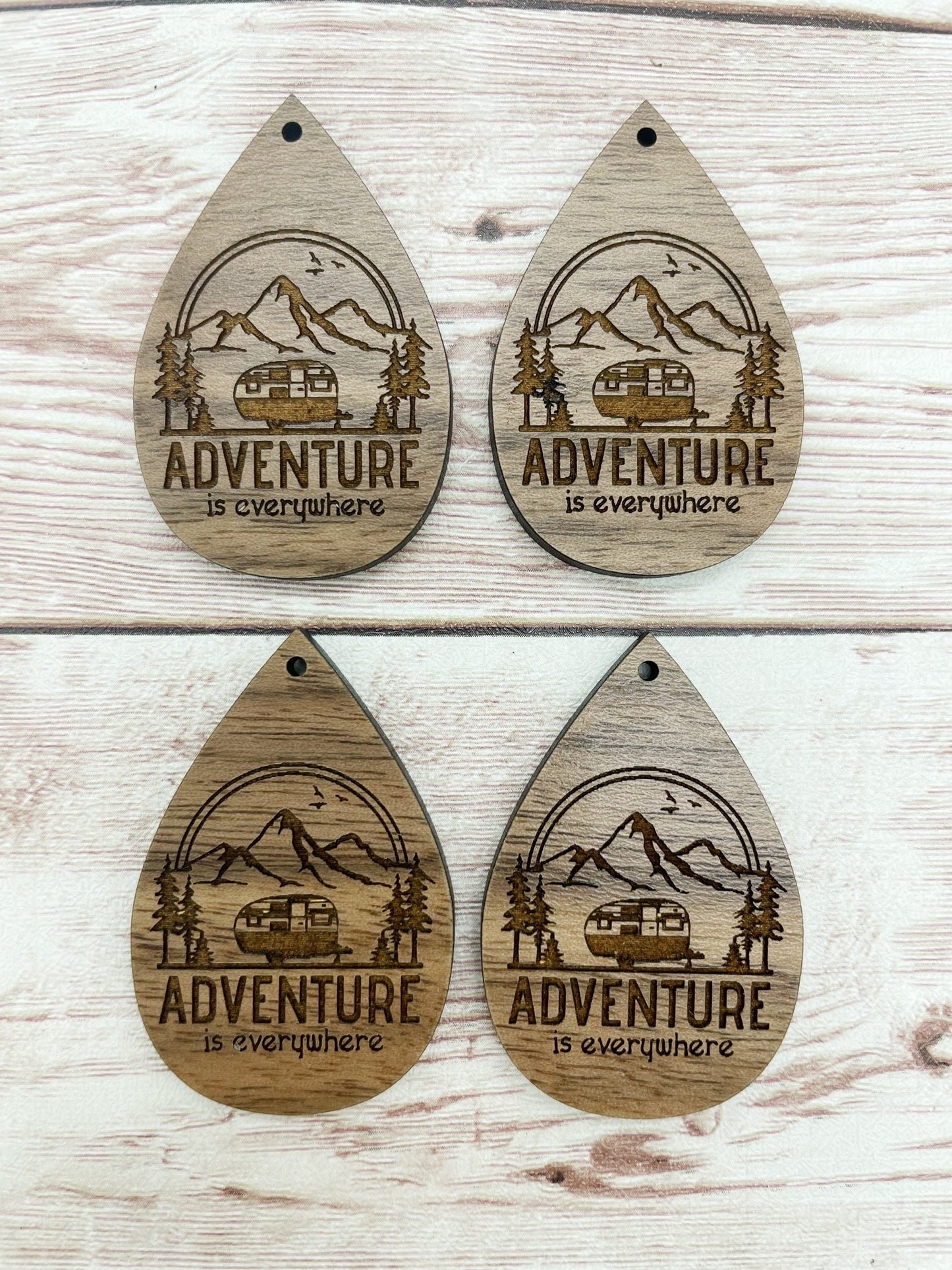 Wood Teardrop Engraved Adventure is Everywhere Mountain Earring Blanks, Finished Walnut Blank, DIY Jewelry Making