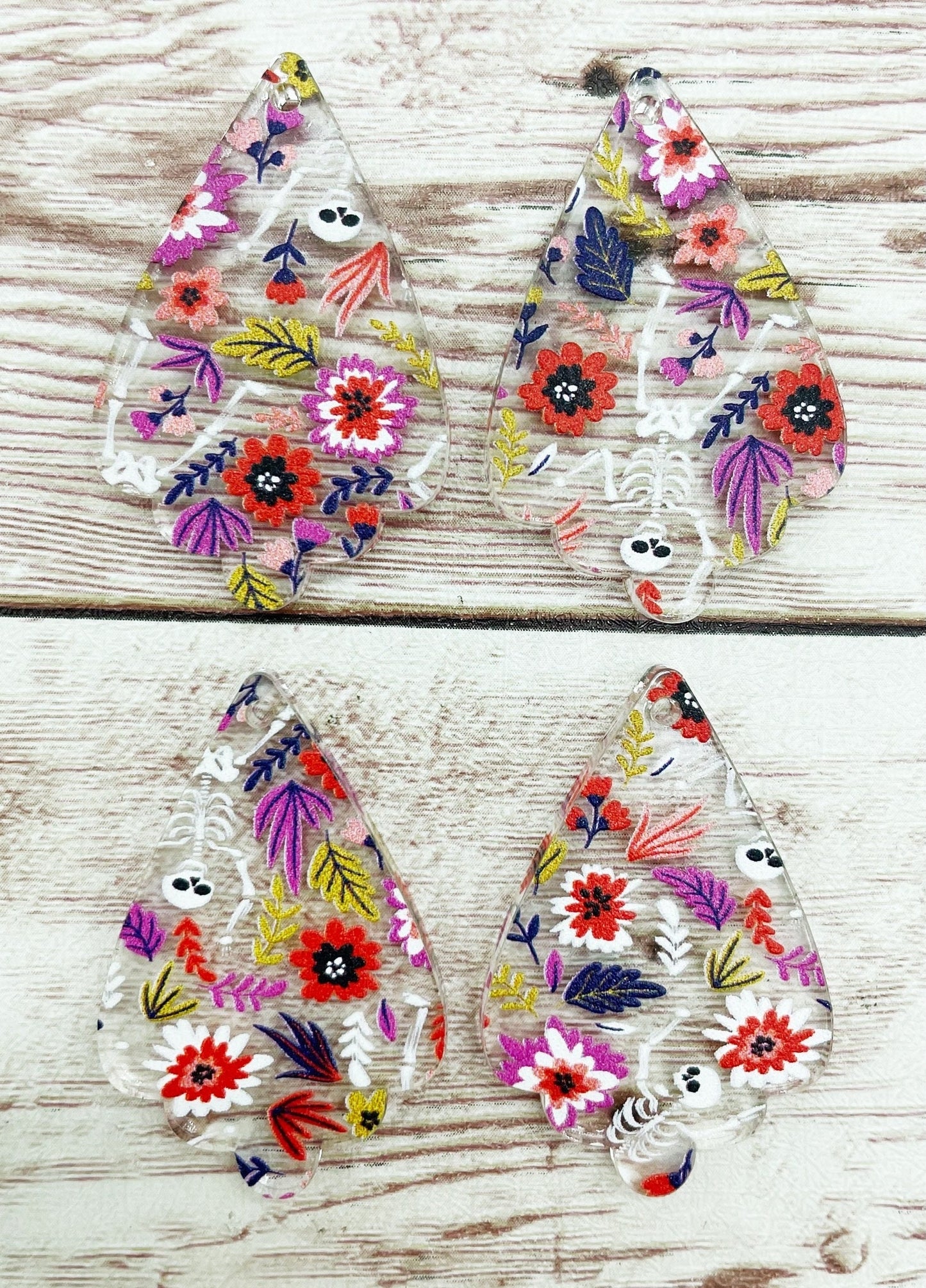 Floral Skeleton Print Ruffled Acrylic Teardrop Earring Blanks, DIY Jewelry Making