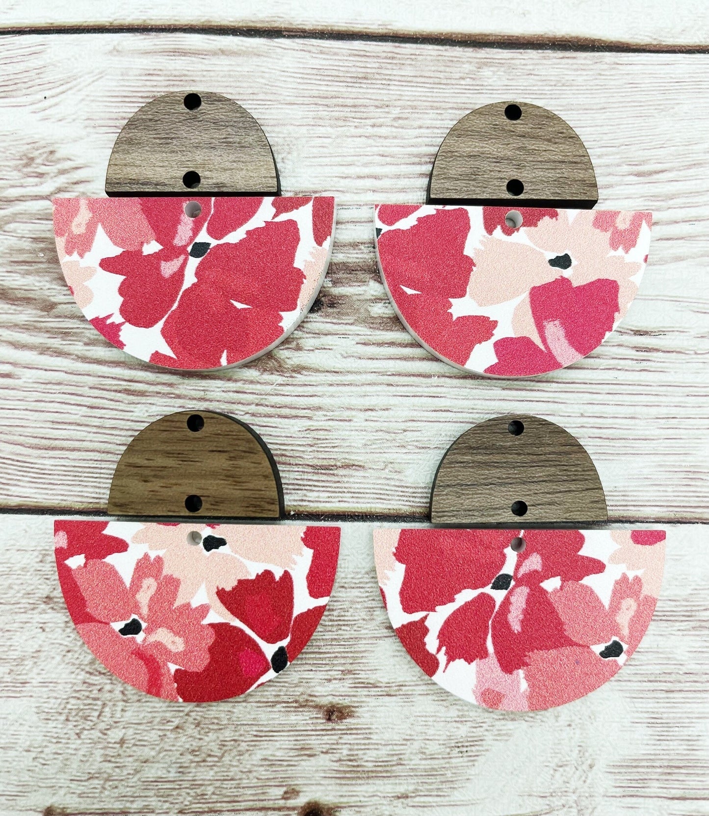 Pink and Red Floral Print Half Circle Acrylic and Wood Connector Set Earring Blanks, DIY Jewelry Making
