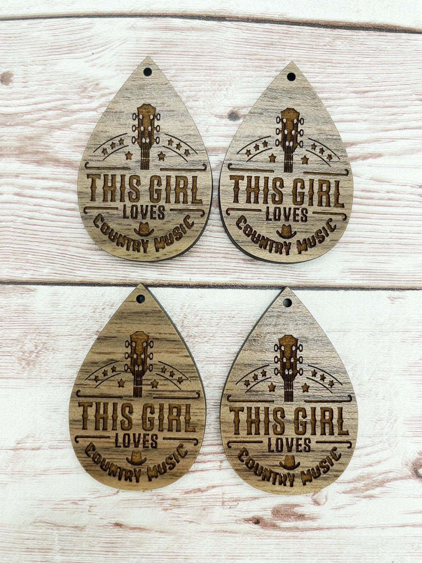 Wood Teardrop Engraved This Girl Loves Country Music Earring Blanks, Finished Walnut Blank, DIY Jewelry Making
