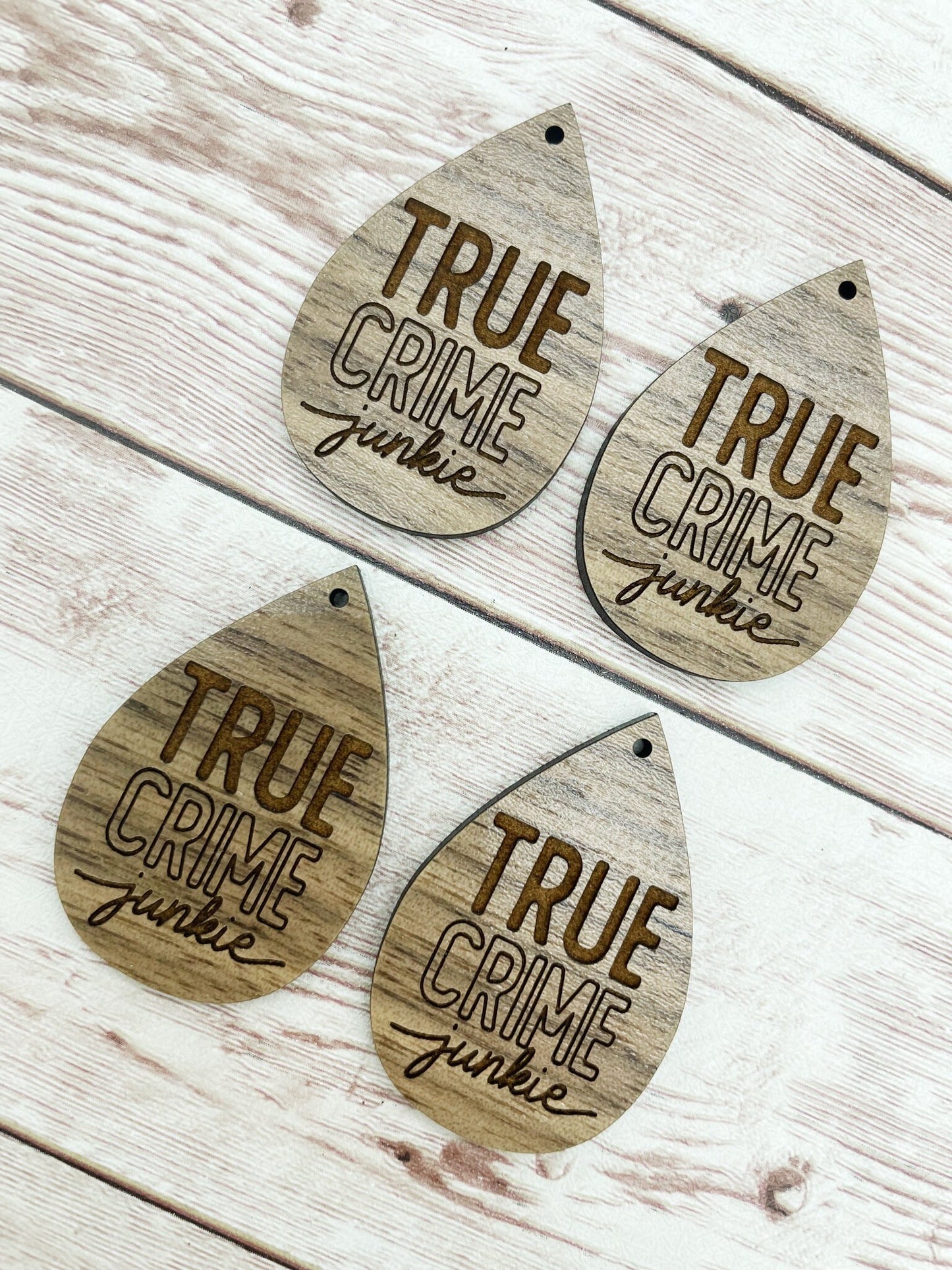Wood Teardrop Engraved True Crime Junkie Earring Blanks, Finished Walnut Blank, DIY Jewelry Making