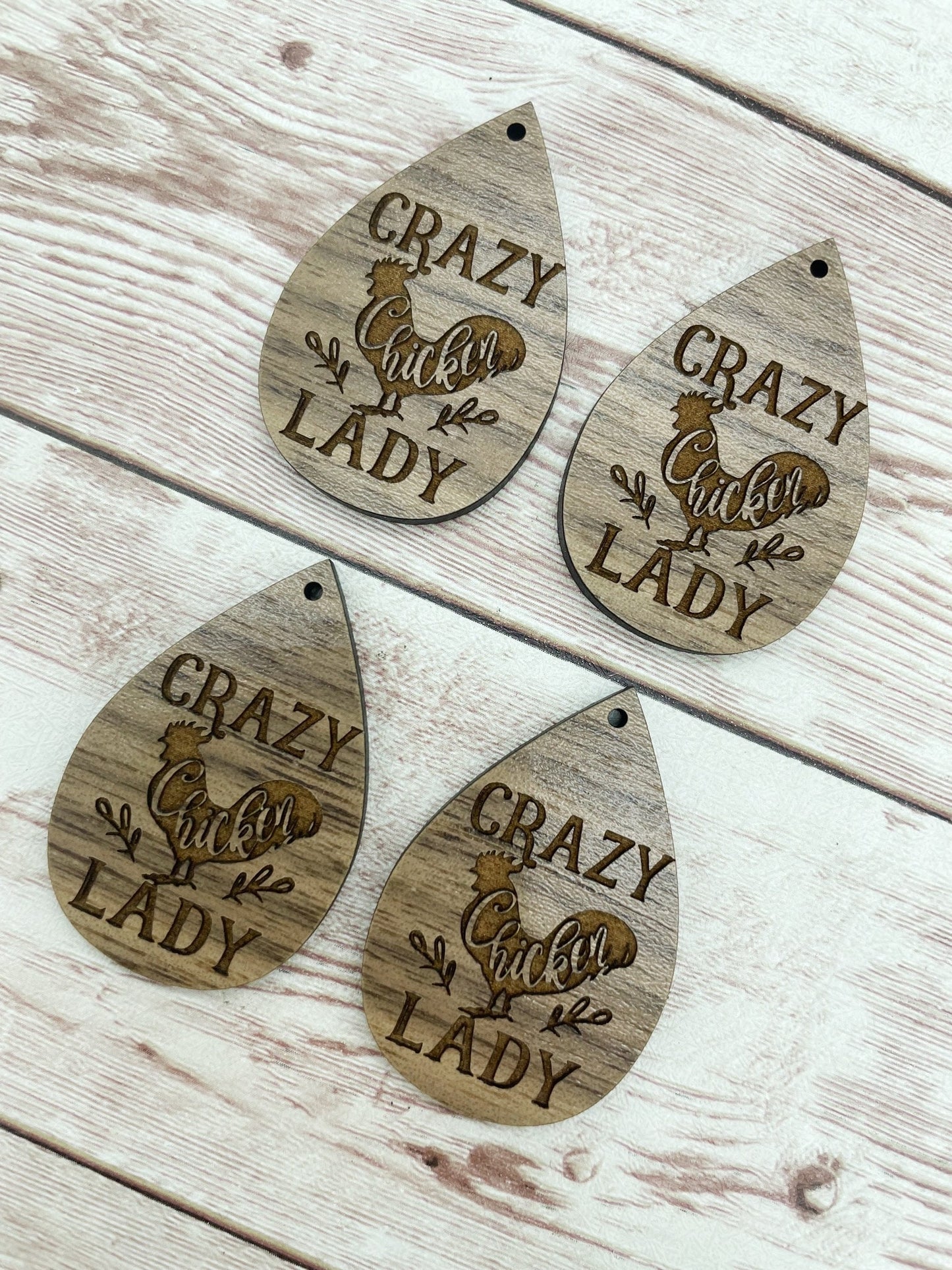 Wood Teardrop Engraved Crazy Chicken Lady Earring Blanks, Finished Walnut Blank, DIY Jewelry Making