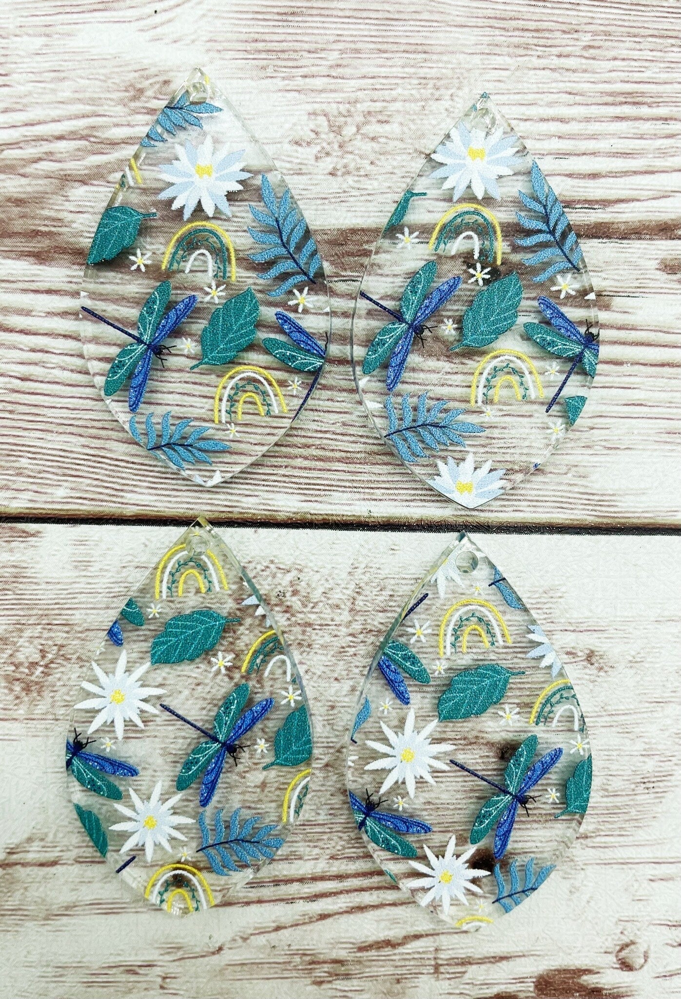 Patterned Dragonfly Rainbow Flower Print Acrylic Teardrop Earring Blanks, DIY Jewelry Making