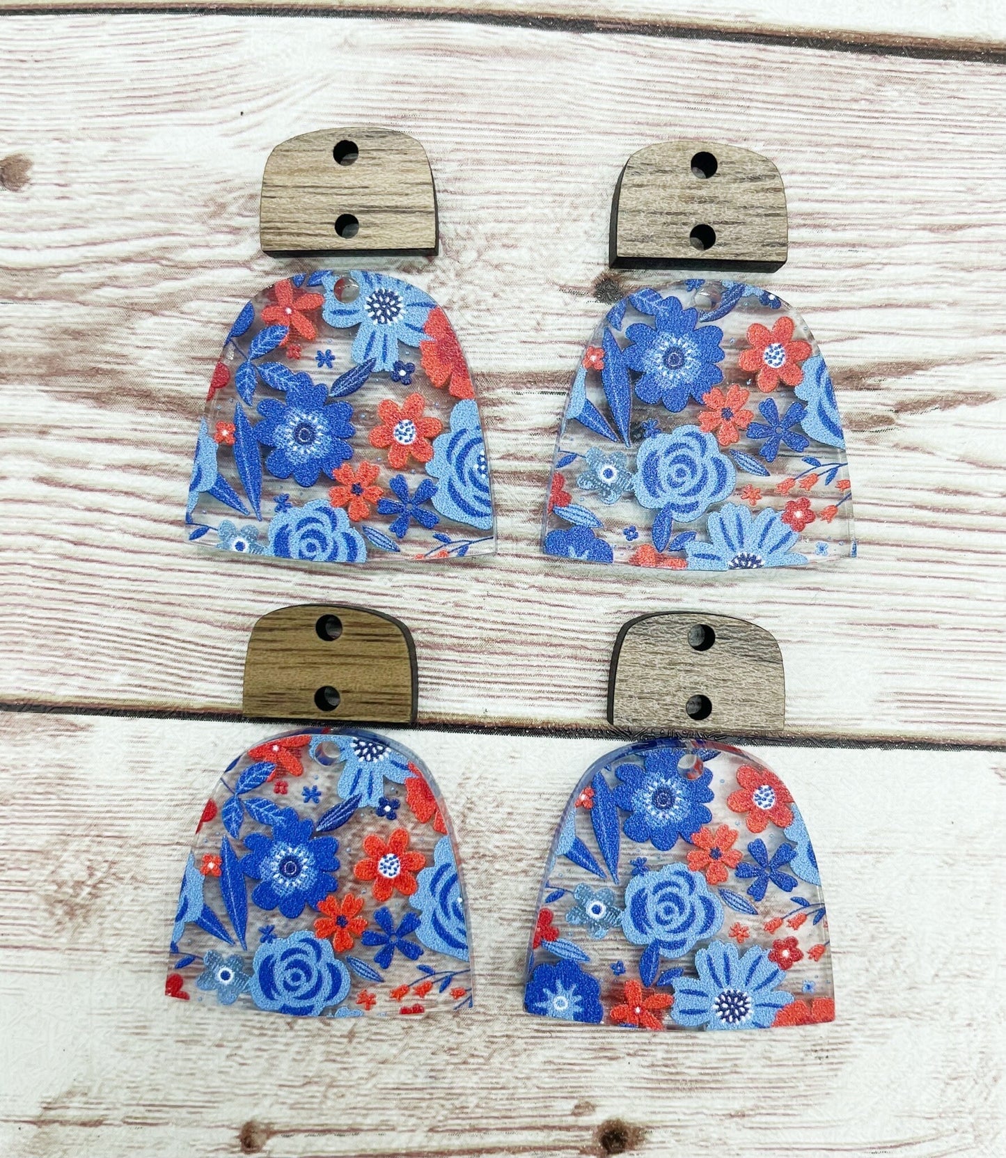 Red White Blue Floral Print Acrylic Arch and Wood Connector Set Earring Blanks, DIY Jewelry Making