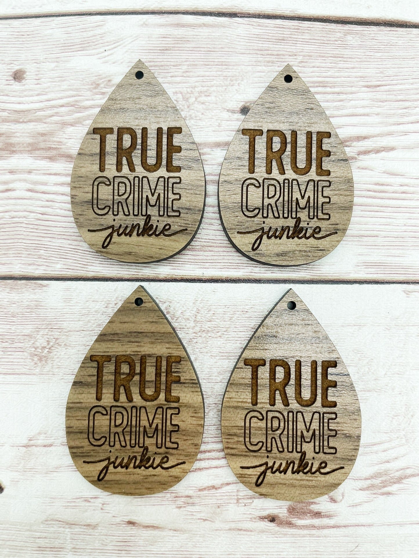 Wood Teardrop Engraved True Crime Junkie Earring Blanks, Finished Walnut Blank, DIY Jewelry Making