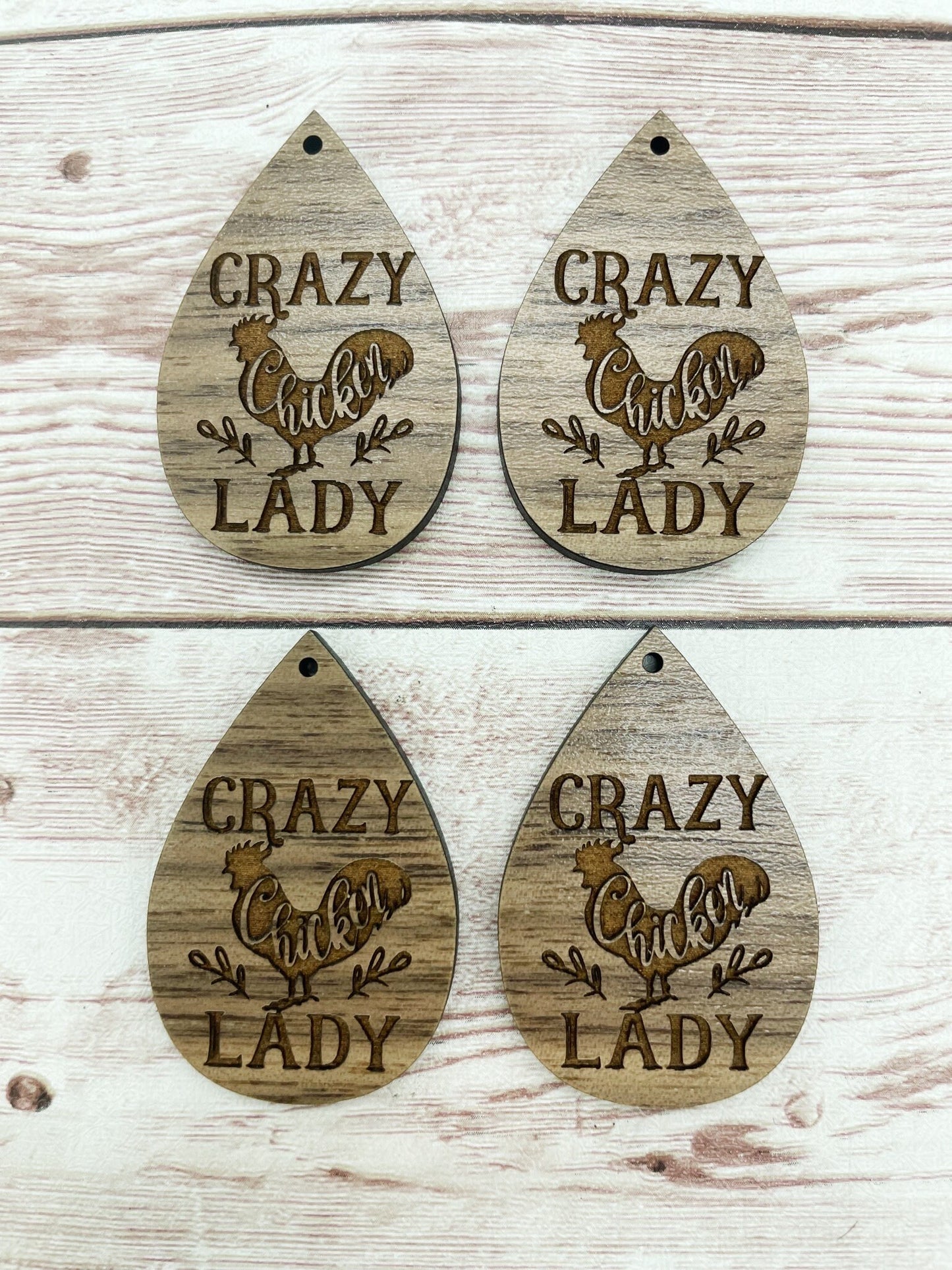 Wood Teardrop Engraved Crazy Chicken Lady Earring Blanks, Finished Walnut Blank, DIY Jewelry Making