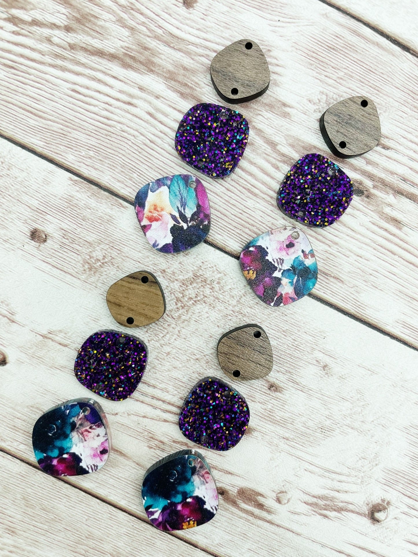 Floral Plum Print Acrylic Glitter and Wood Trio Set Earring Blanks, DIY Jewelry Making
