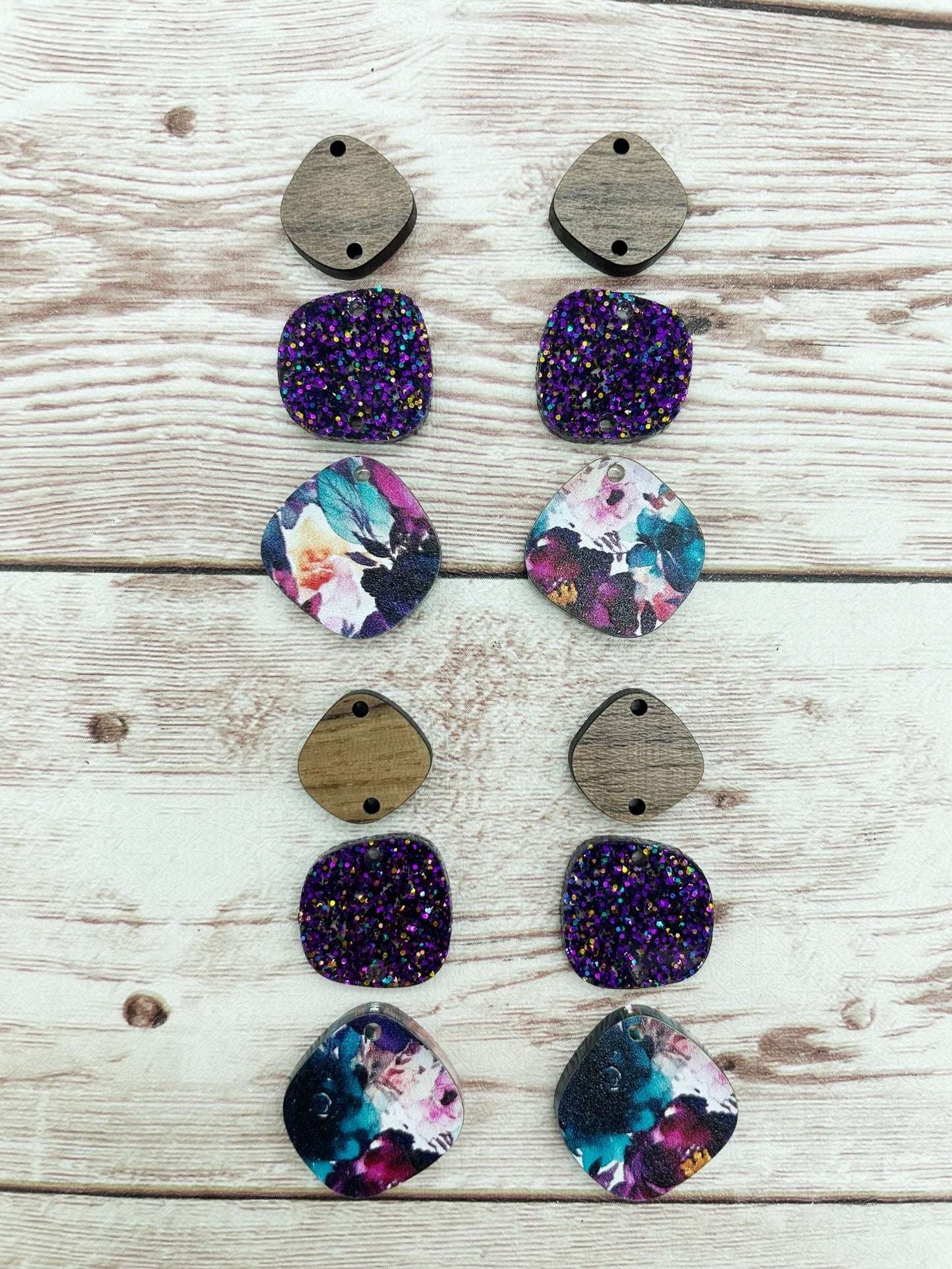 Floral Plum Print Acrylic Glitter and Wood Trio Set Earring Blanks, DIY Jewelry Making